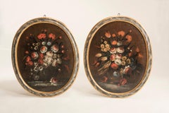 Late 17th Century Italian Oval Lacquered Frames Flowers Still Life Paintings