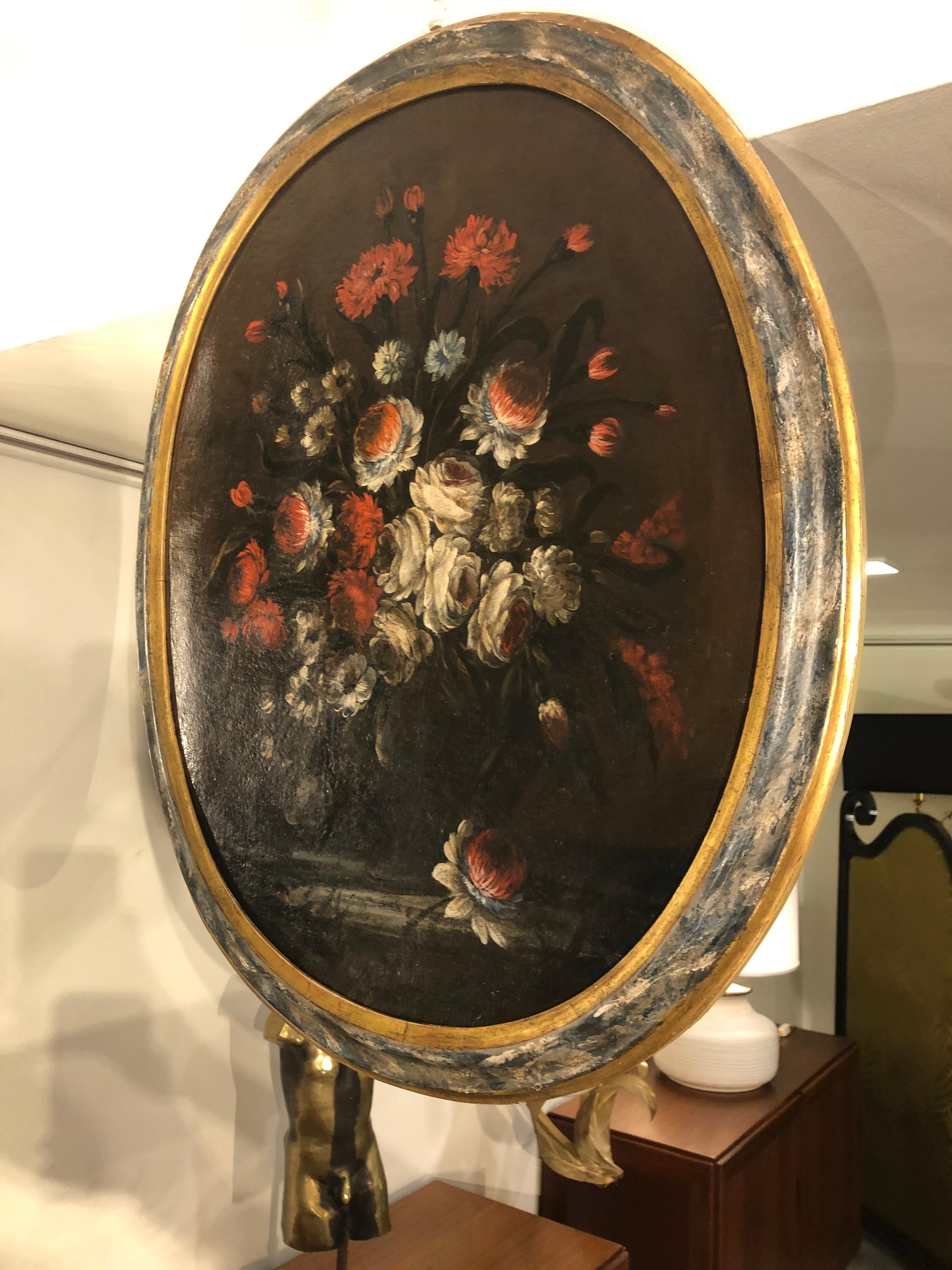 Late 17th Century Italian Oval Lacquered Frames Flowers Still Life Paintings For Sale 4