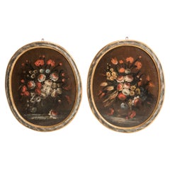 Late 17th Century Italian Oval Lacquered Frames Flowers Still Life Paintings