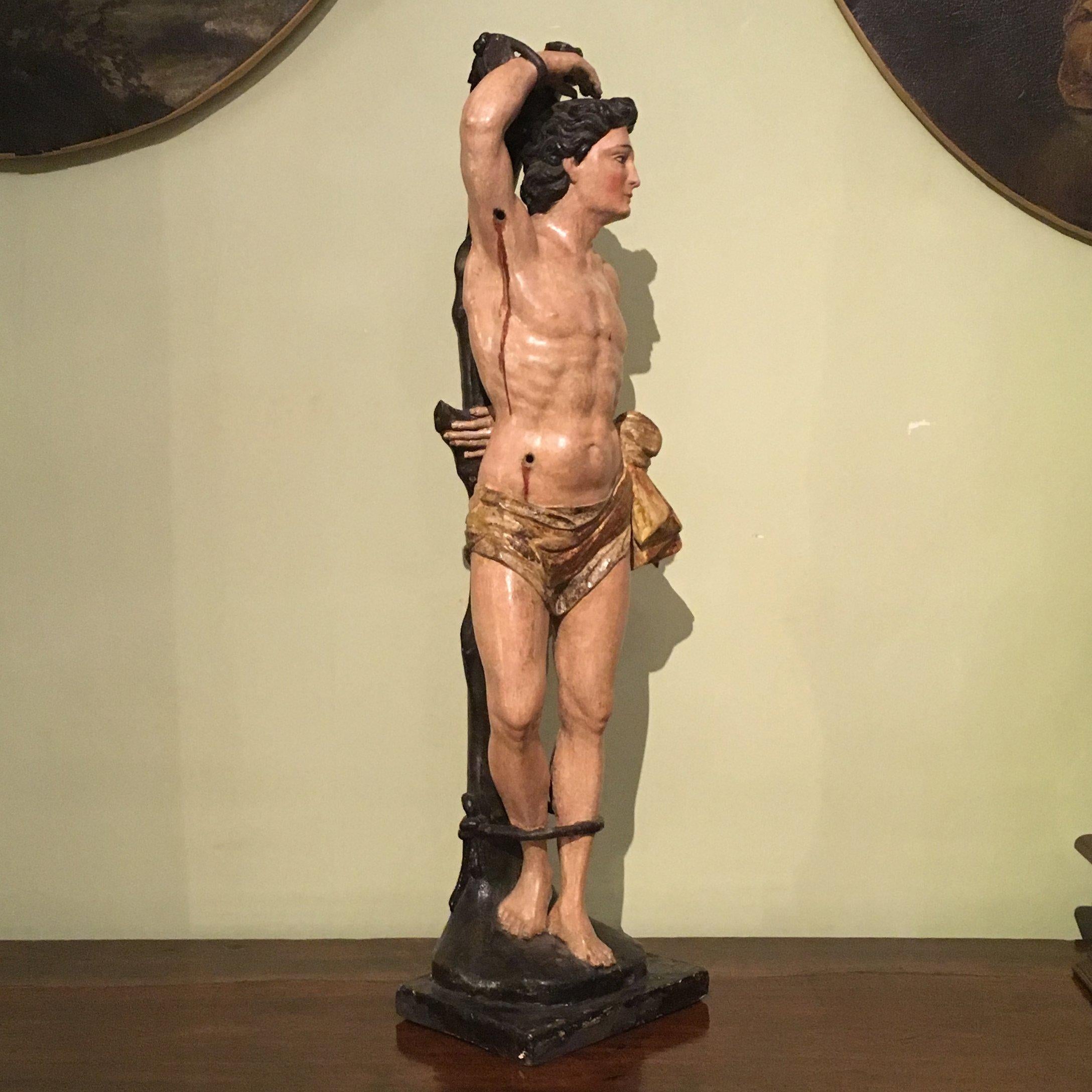 Late 17th Century Italian Saint Sebastian Sculpture in Carved and Painted Wood 5