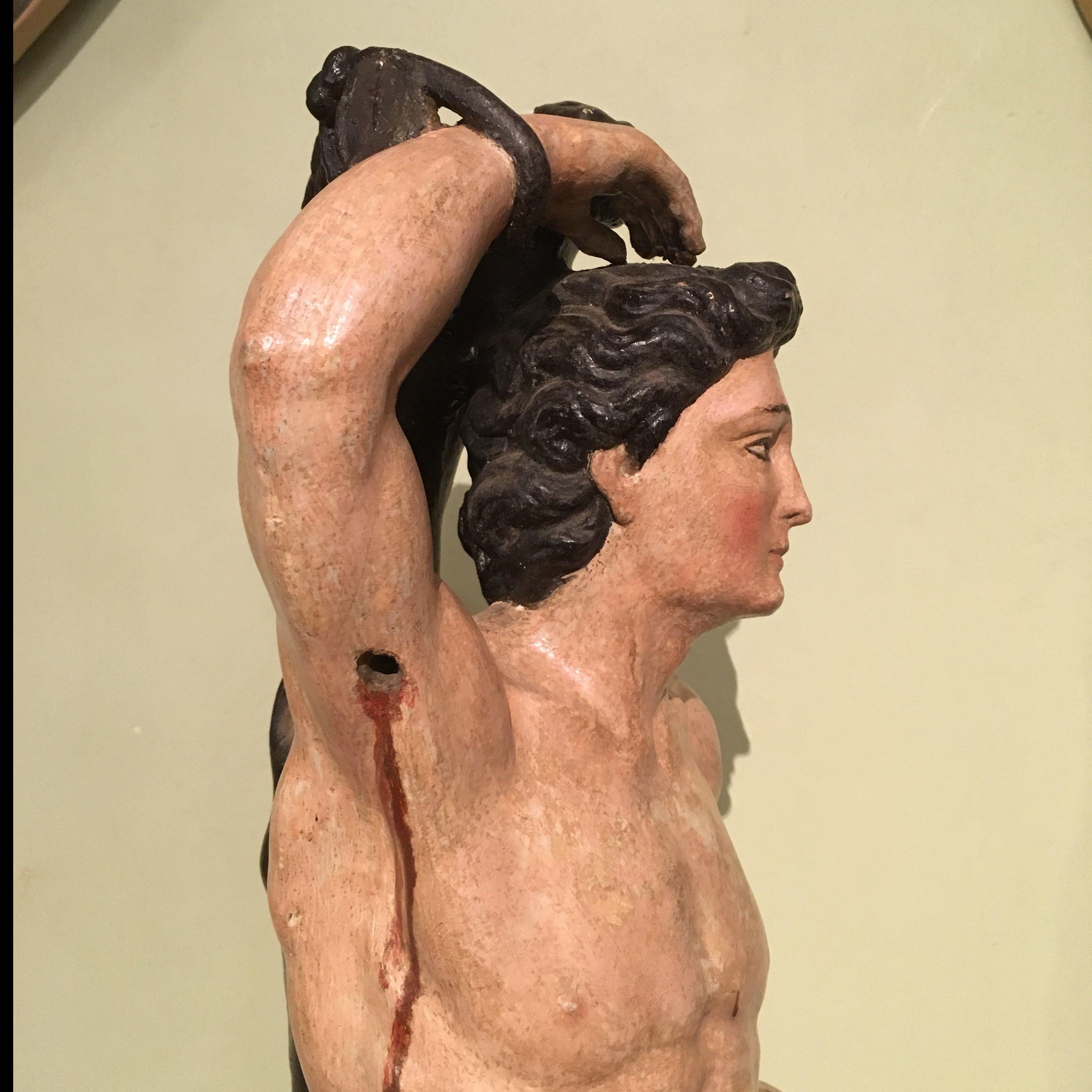 Late 17th Century Italian Saint Sebastian Sculpture in Carved and Painted Wood 7