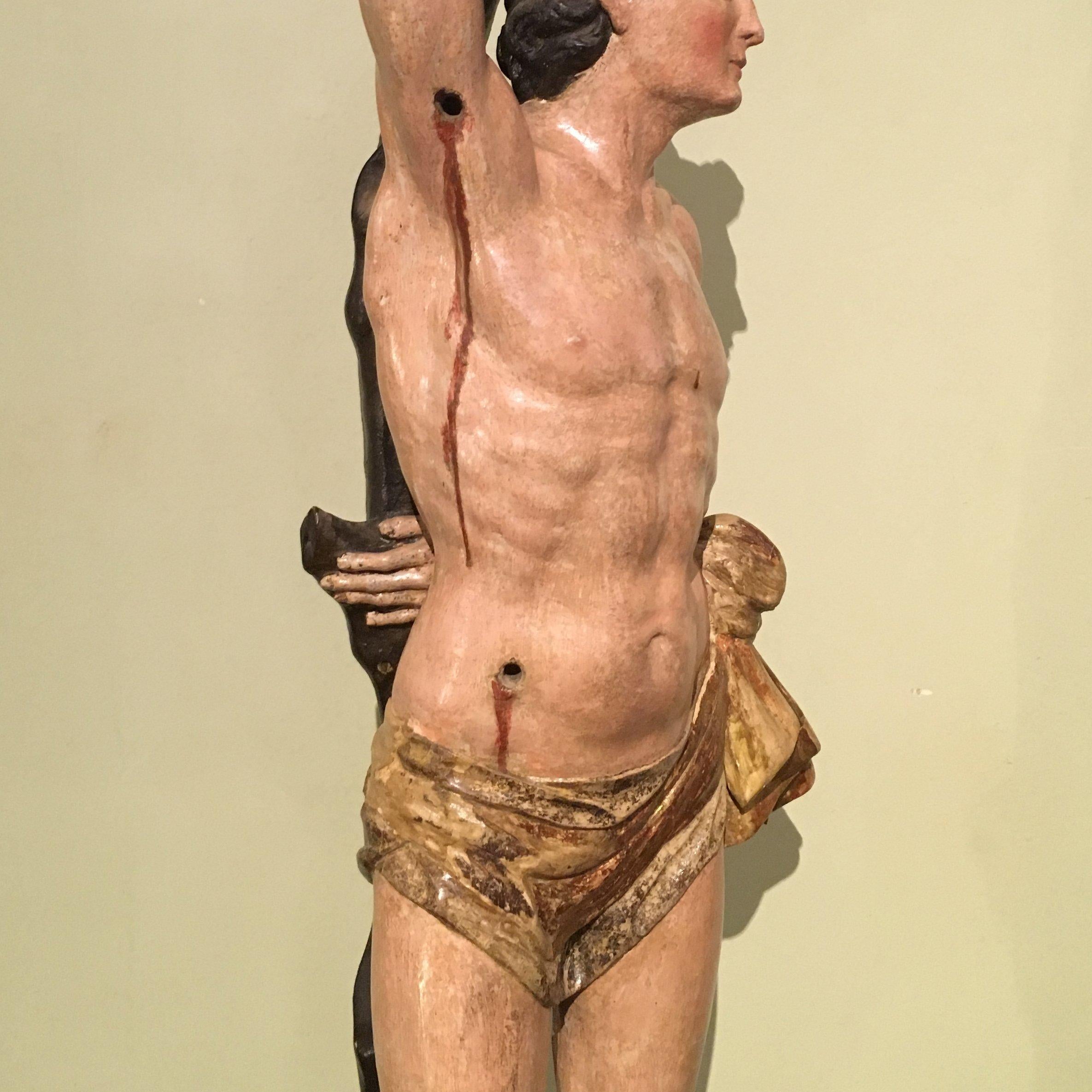 Late 17th Century Italian Saint Sebastian Sculpture in Carved and Painted Wood 2