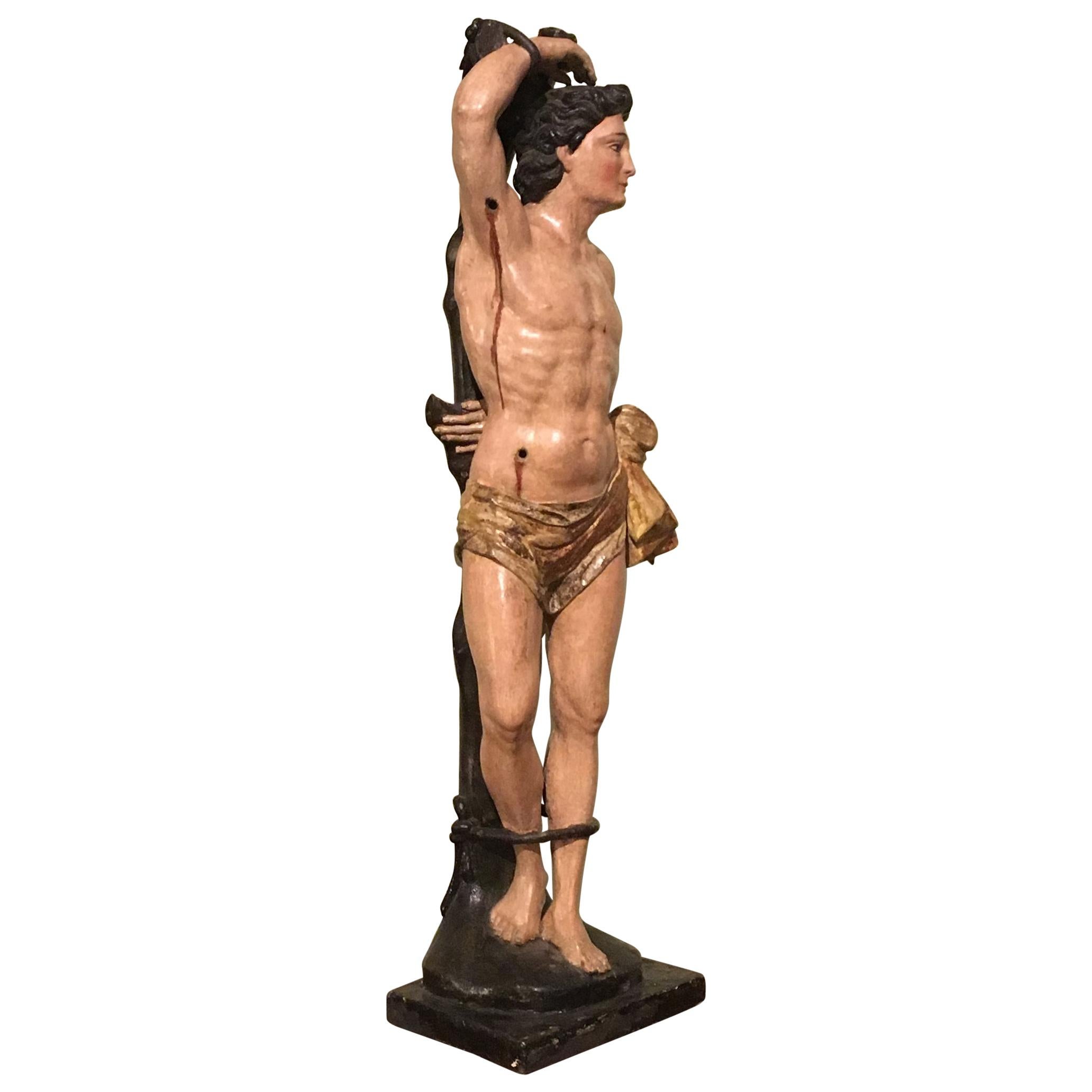 Late 17th Century Italian Saint Sebastian Sculpture in Carved and Painted Wood