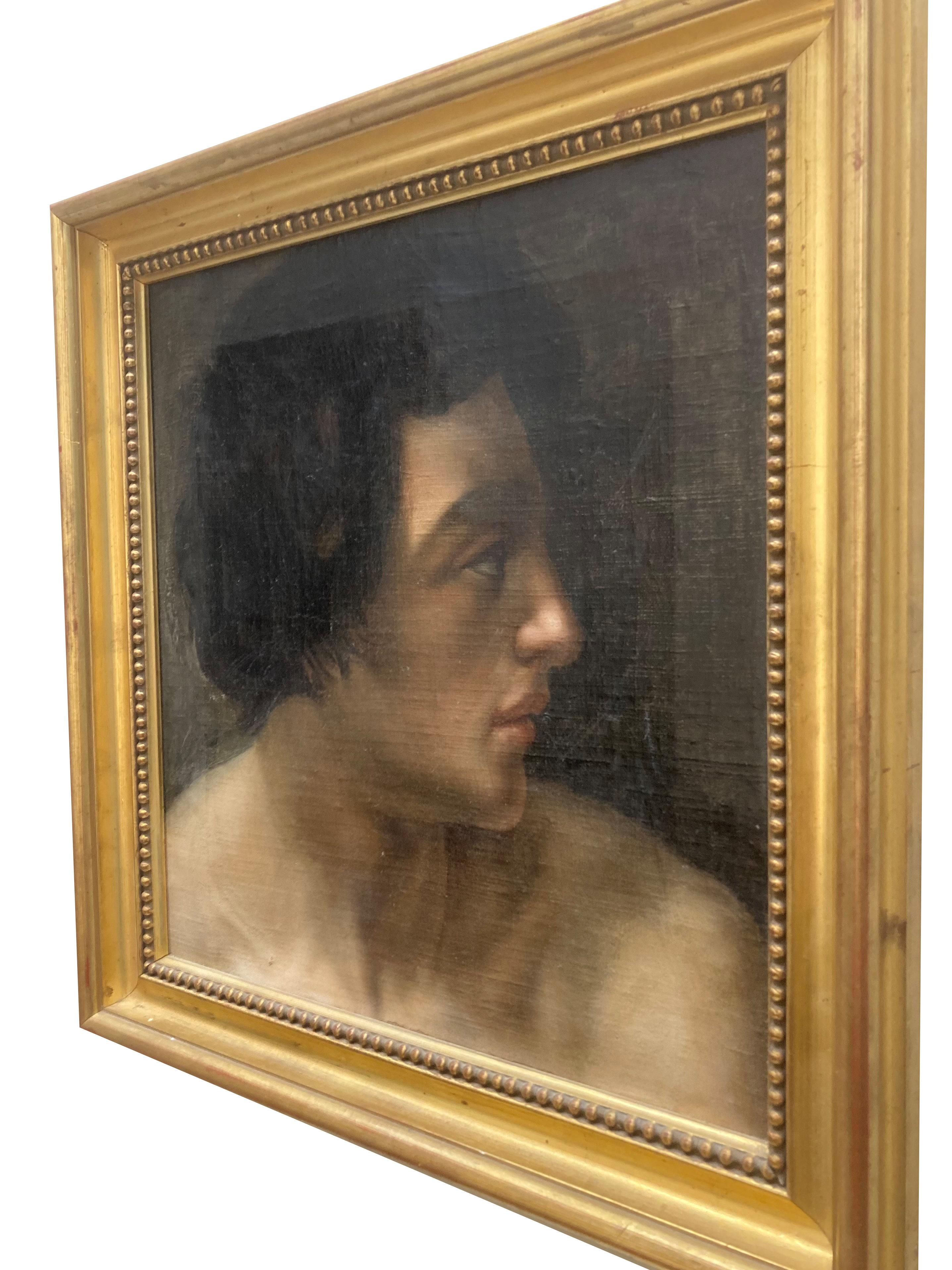 Ein Kopf eines jungen Mannes aus der italienischen Schule des späten XVII. Jahrhunderts (Kreis von Guido Reni). Ein sensibel wiedergegebenes Porträt im Profil, das die für die Bologneser Schule charakteristische weiche Modellierung und
