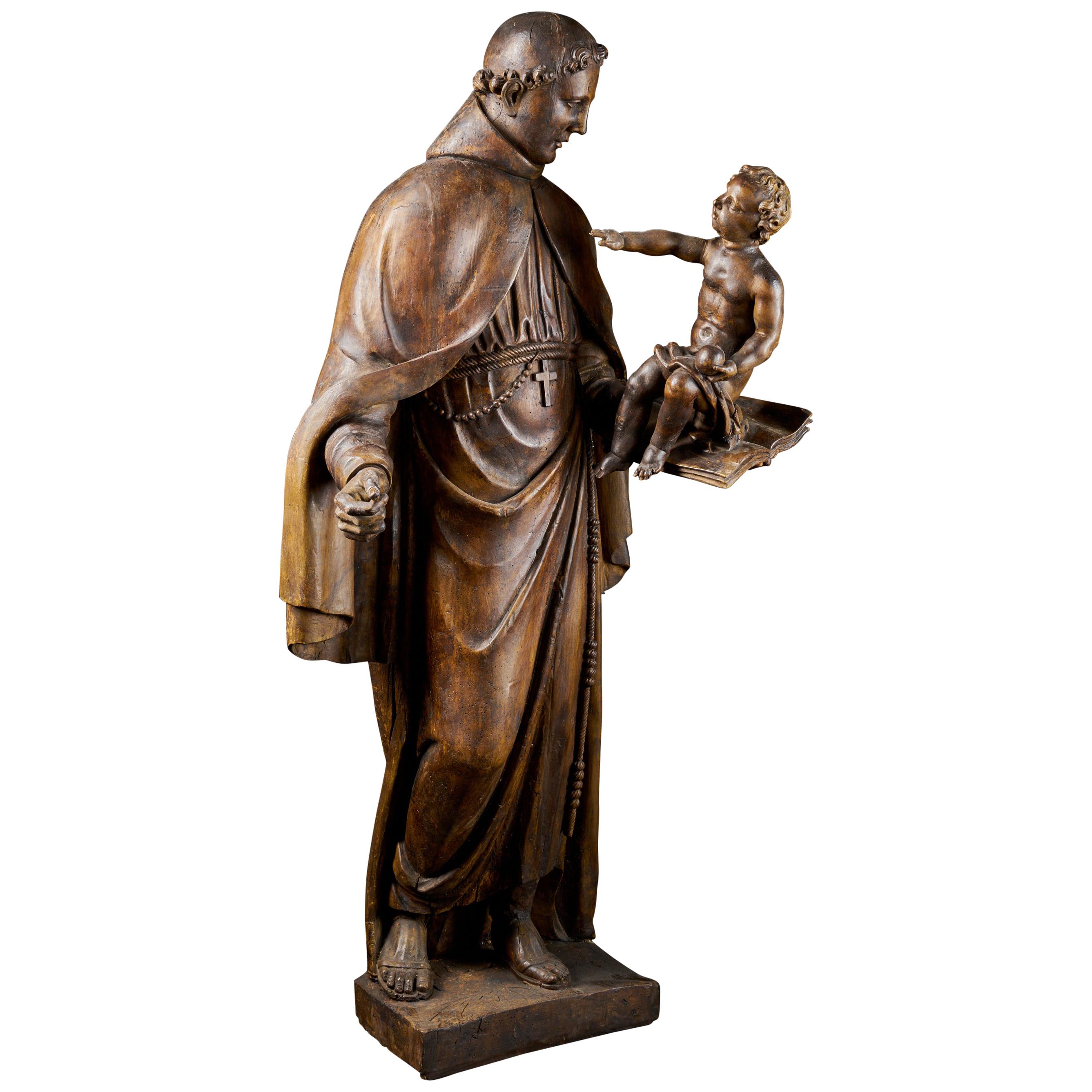 Late 17th Century Italian School Wooden Sculpture of Saint Anthony and the Child