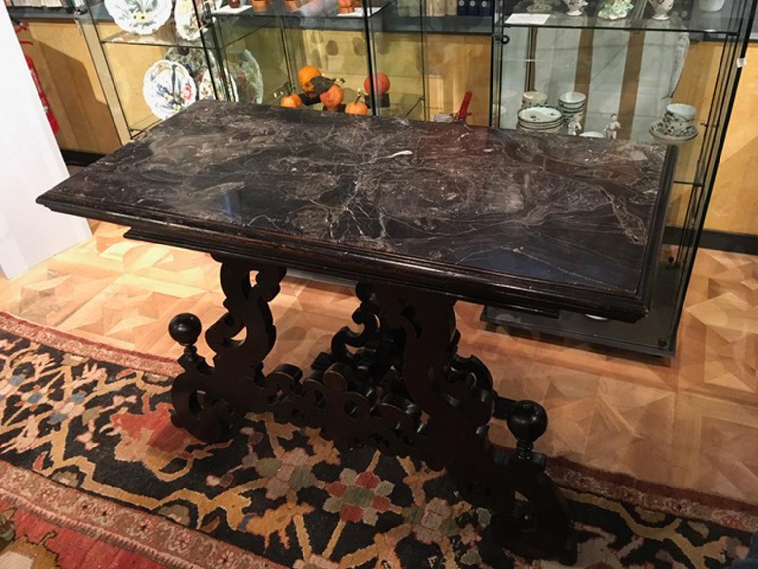Late 17th Century Italian Wood Ebony Hand Carved Black Marble Console For Sale 5
