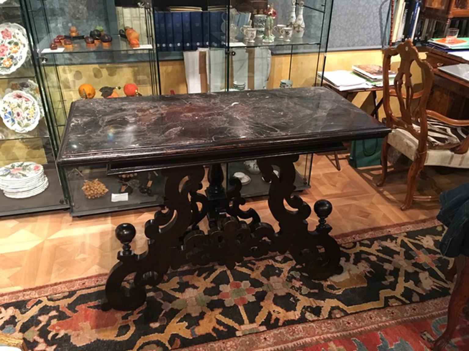 Late 17th Century Italian Wood Ebony Hand Carved Black Marble Console For Sale 6