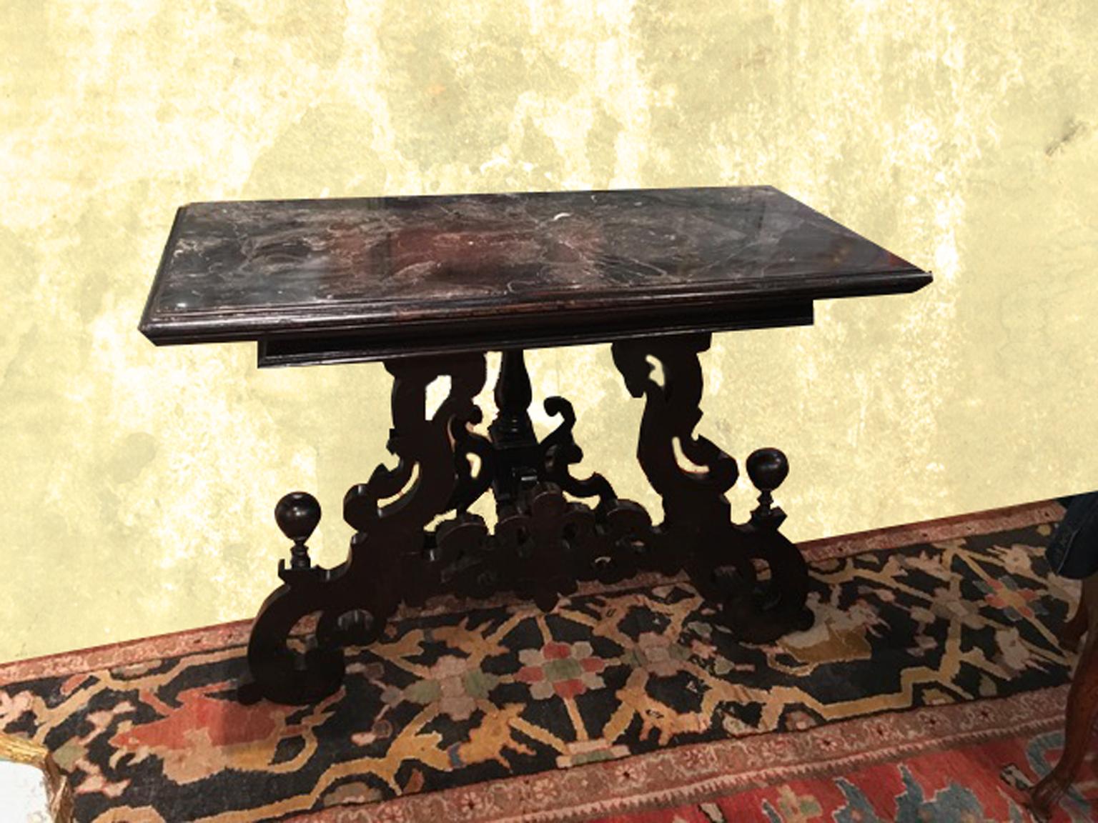 Hand-Carved Late 17th Century Italian Wood Ebony Hand Carved Black Marble Console For Sale