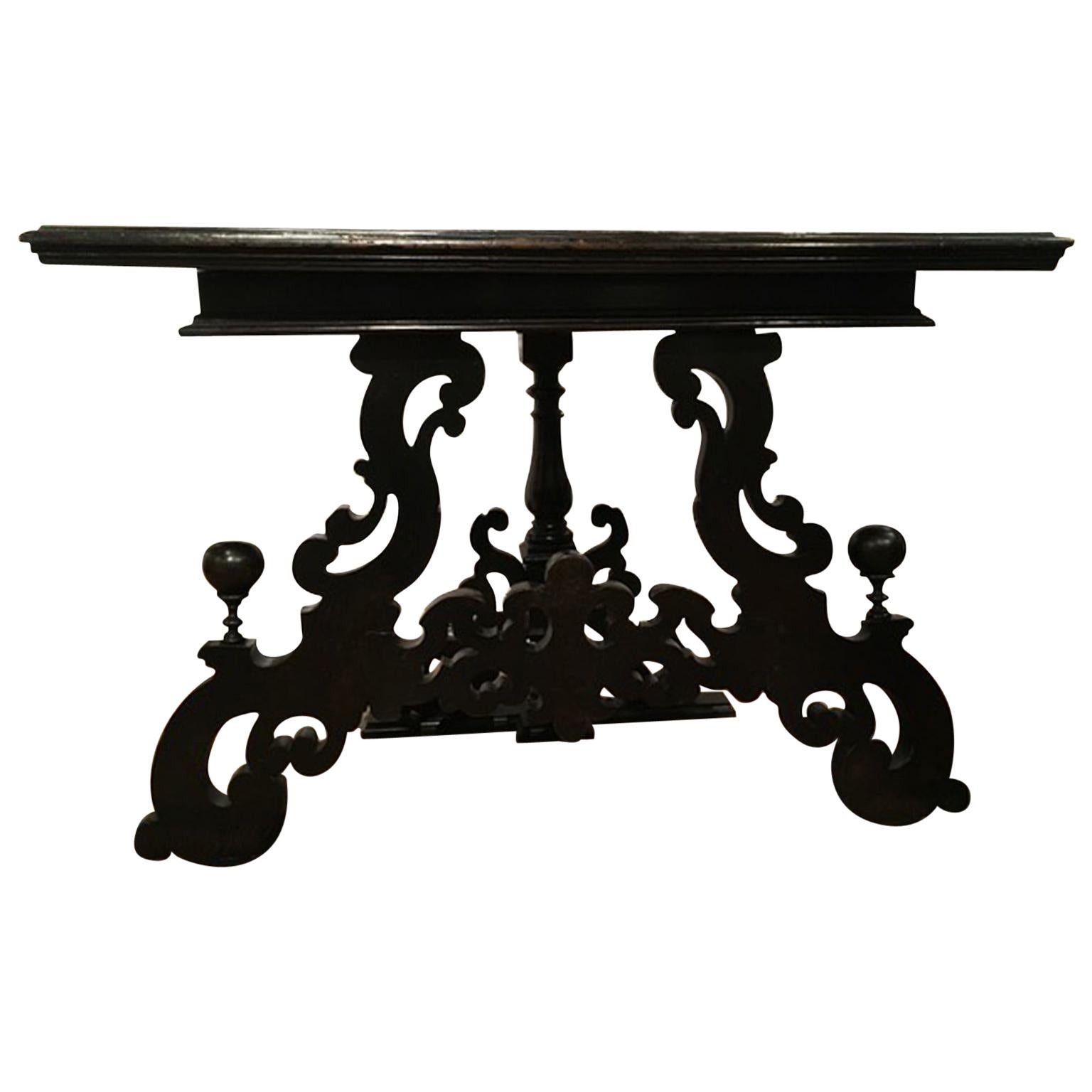 Late 17th Century Italian Wood Ebony Hand Carved Black Marble Console For Sale