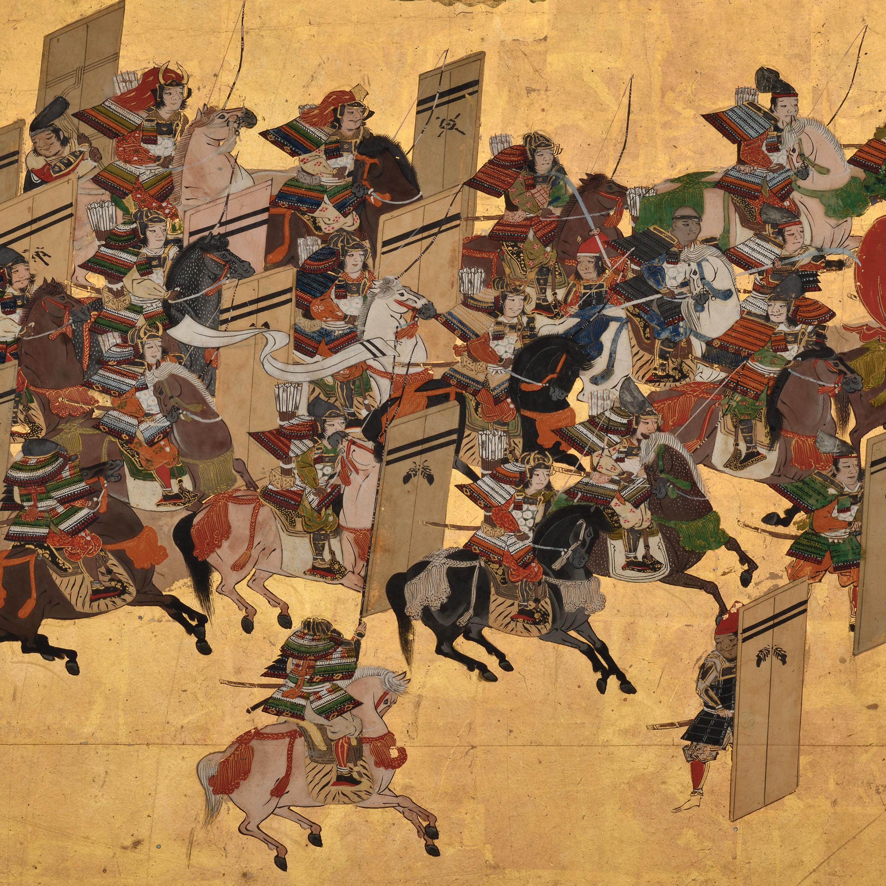 Late 17th Century Japanese Screen Pair. Battle of Ichi-no-tani and Yashima. For Sale 4