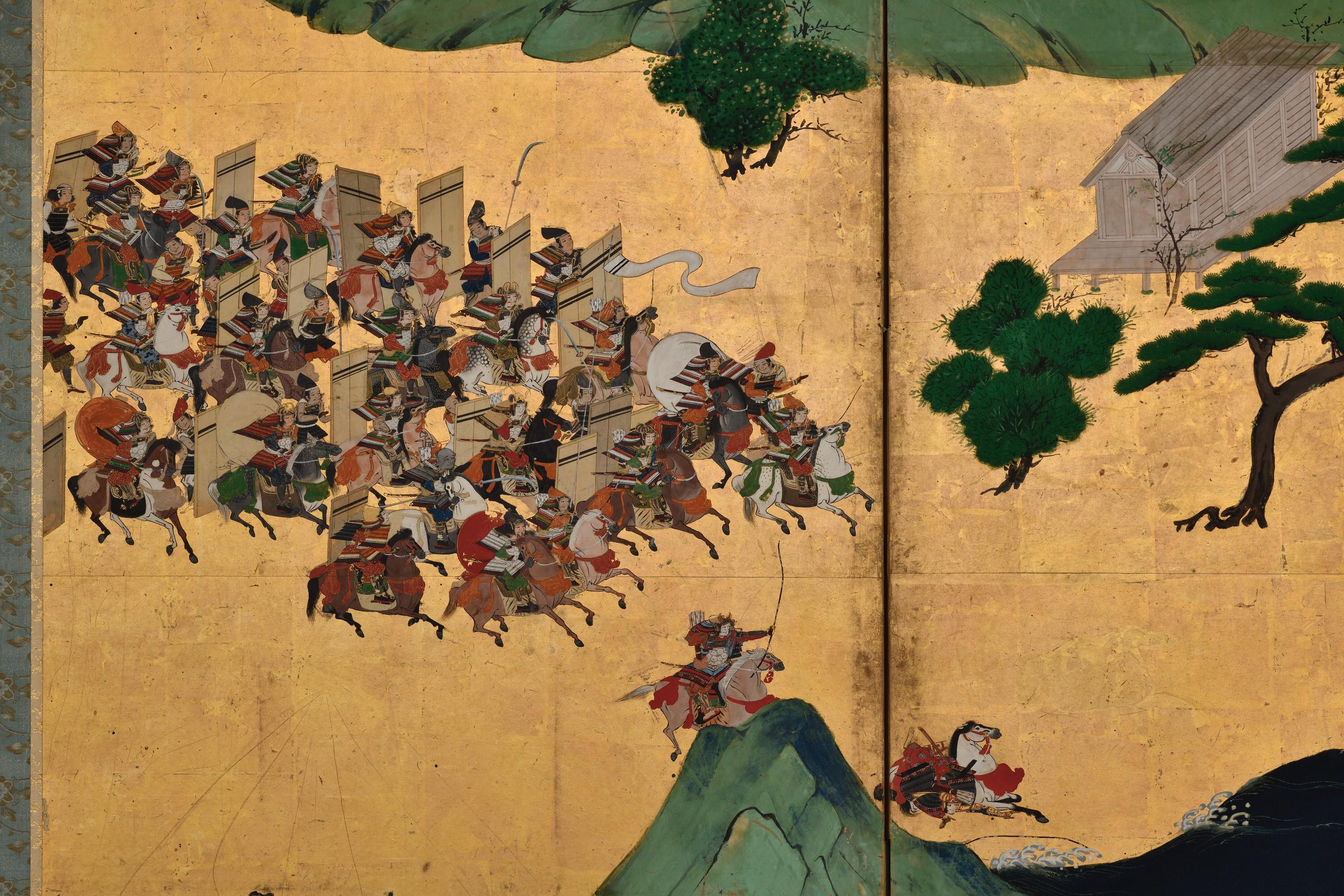 Late 17th Century Japanese Screen Pair. Battle of Ichi-no-tani and Yashima. For Sale 5