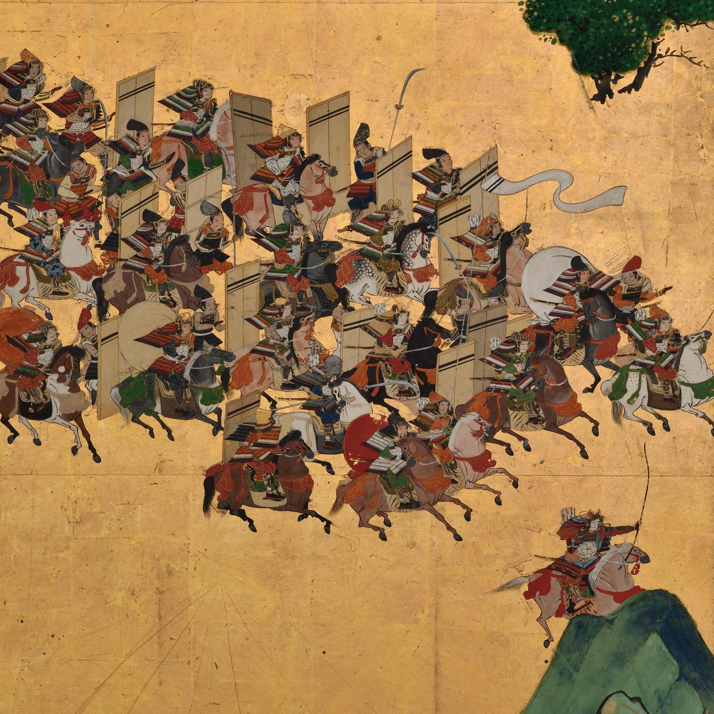 Late 17th Century Japanese Screen Pair. Battle of Ichi-no-tani and Yashima. For Sale 6