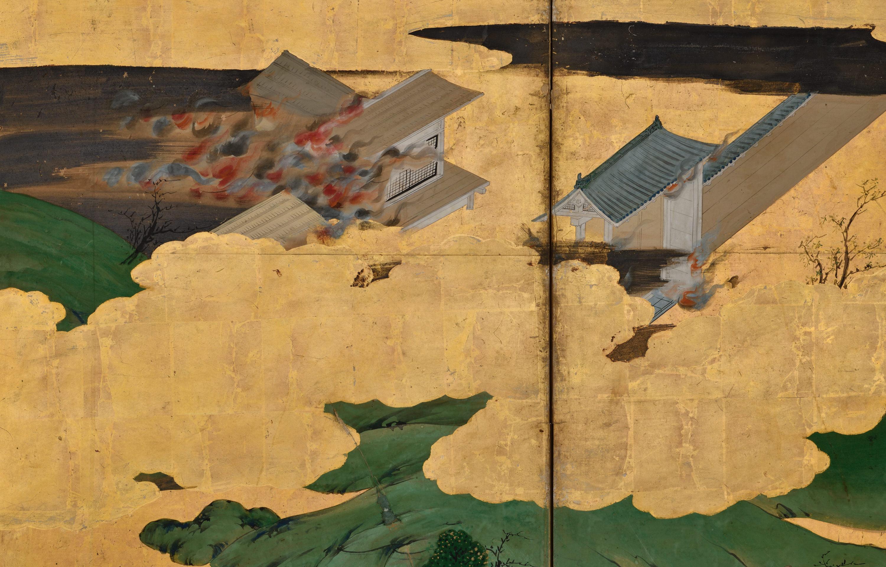 Late 17th Century Japanese Screen Pair. Battle of Ichi-no-tani and Yashima. For Sale 7