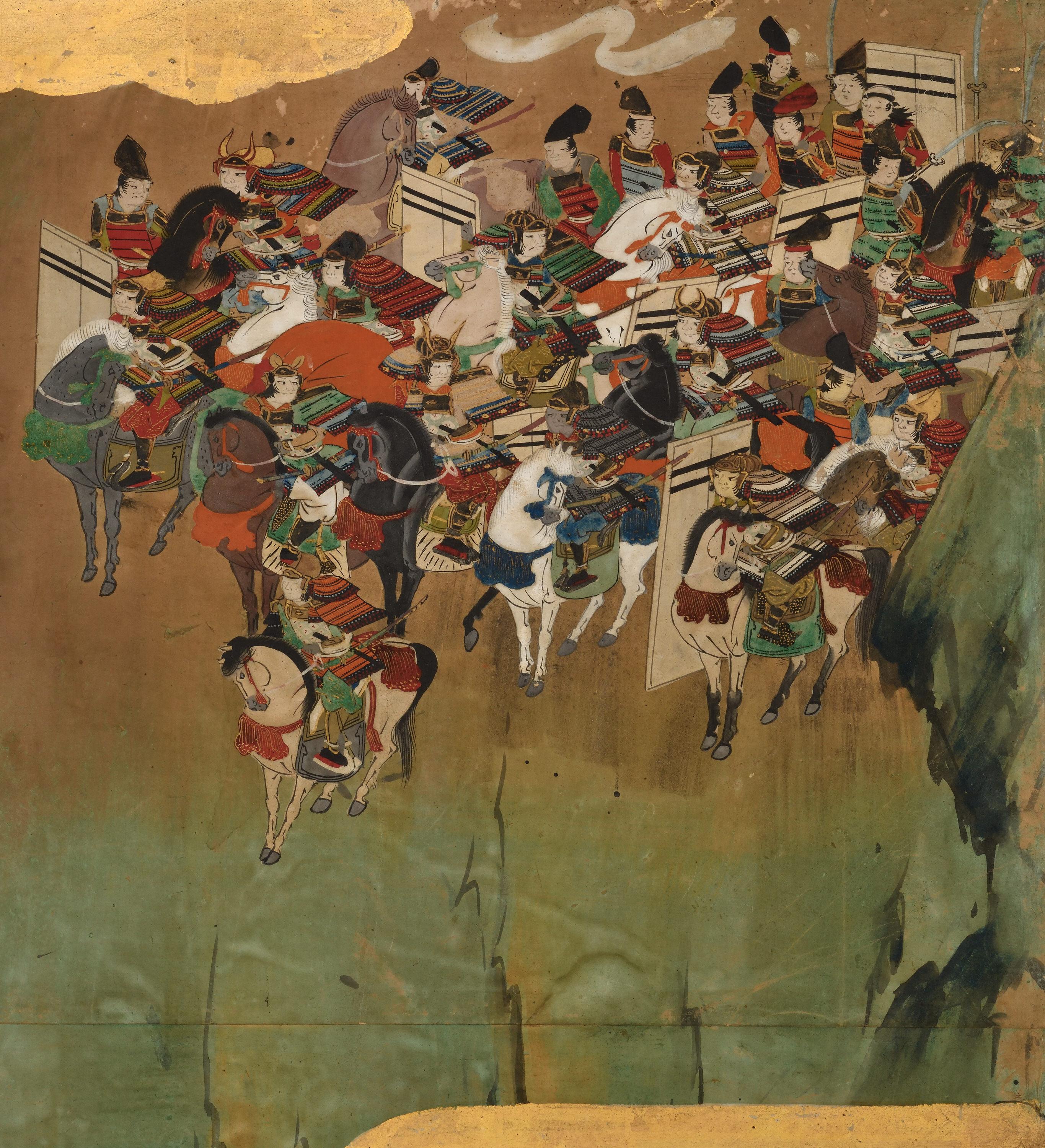 Late 17th Century Japanese Screen Pair. Battle of Ichi-no-tani and Yashima. For Sale 8