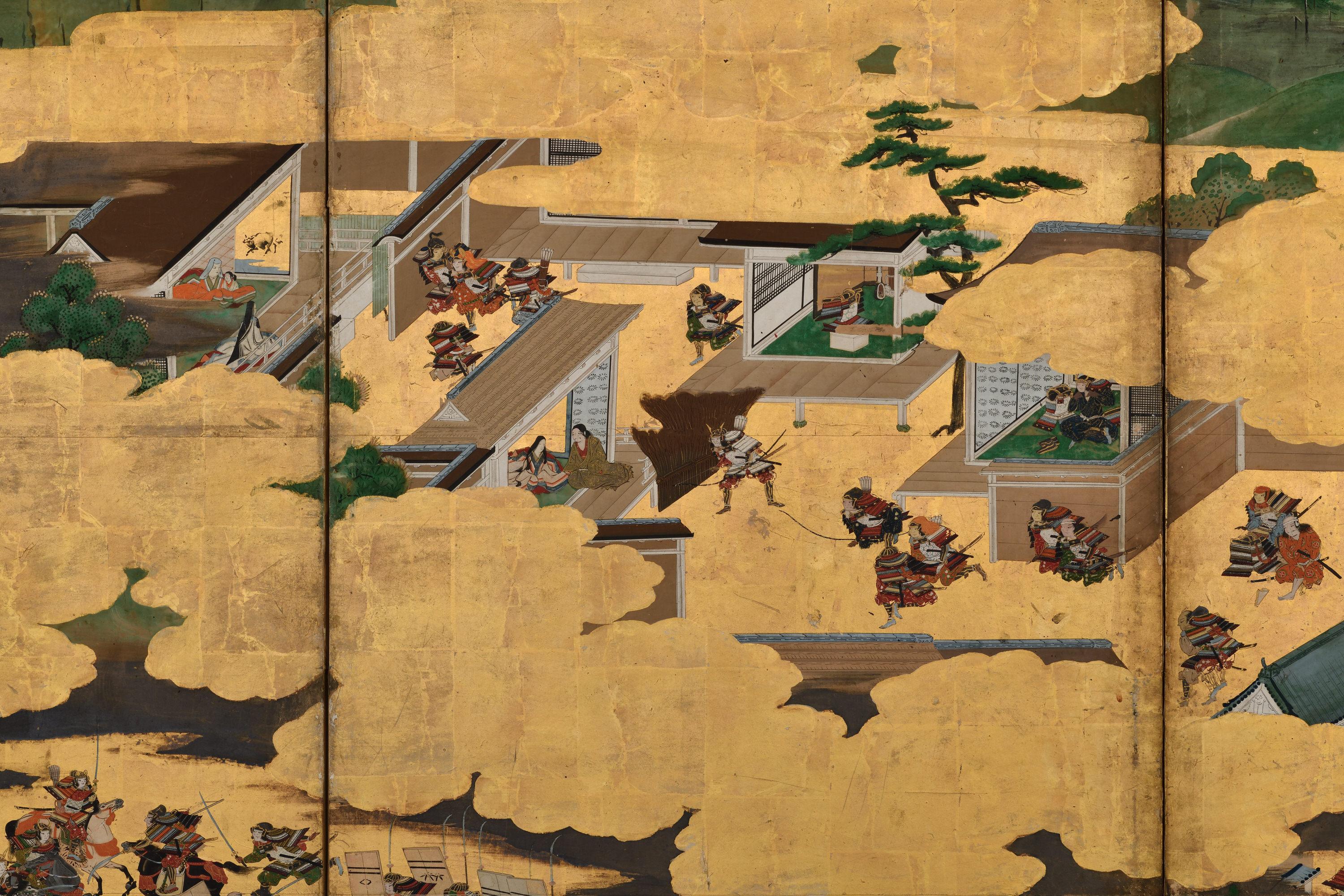 Late 17th Century Japanese Screen Pair. Battle of Ichi-no-tani and Yashima. For Sale 9