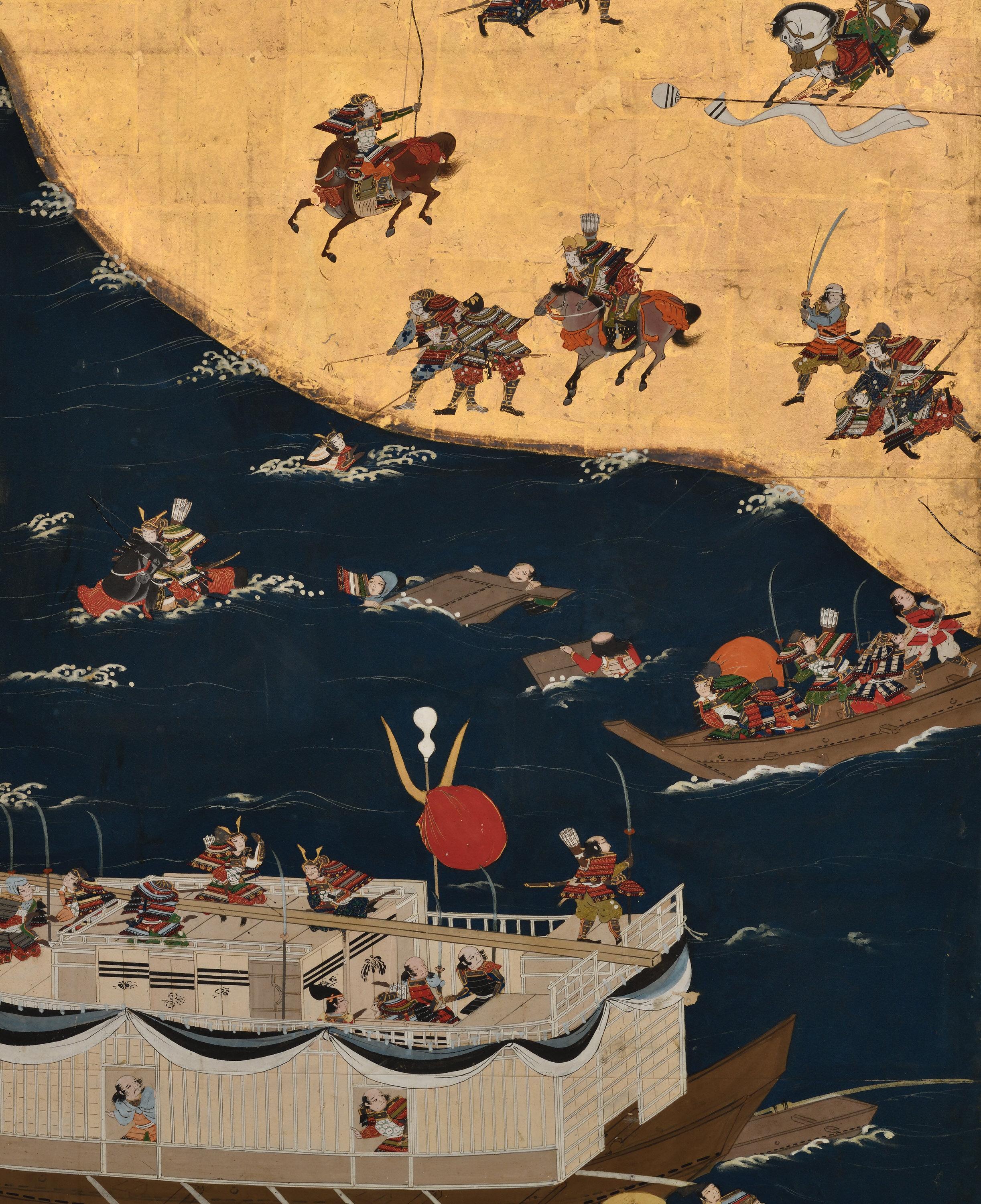 Late 17th Century Japanese Screen Pair. Battle of Ichi-no-tani and Yashima. For Sale 10