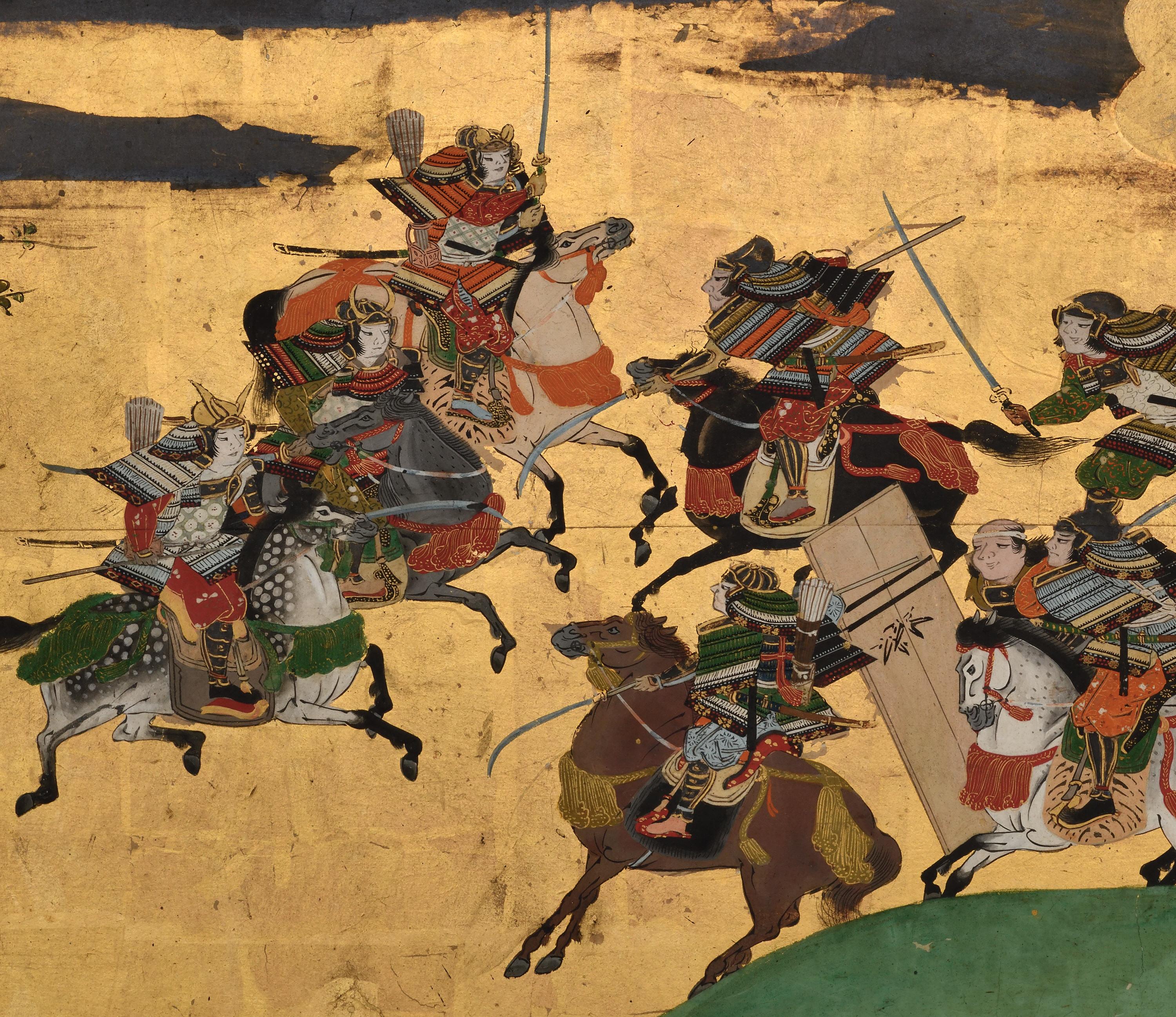Late 17th Century Japanese Screen Pair. Battle of Ichi-no-tani and Yashima. For Sale 11