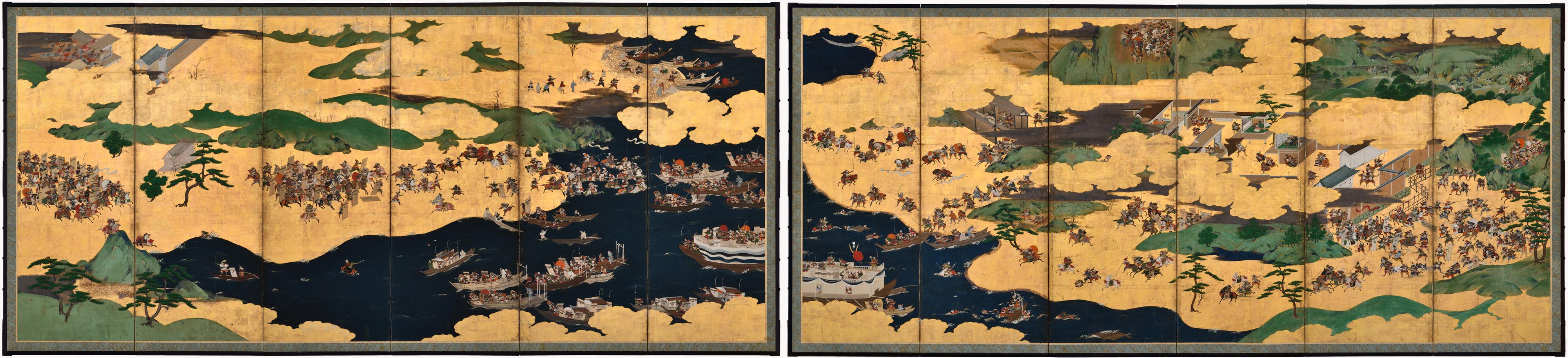Anonymous

Late 17th Century

Battle of Ichi-no-tani & Yashima

Dimensions: Each Screen: H. 175 cm x W. 385 cm (69” x 151.5”)

This pair of Japanese screens depict two significant battles from the Genpei War (1180–85), as recounted in the Tale of