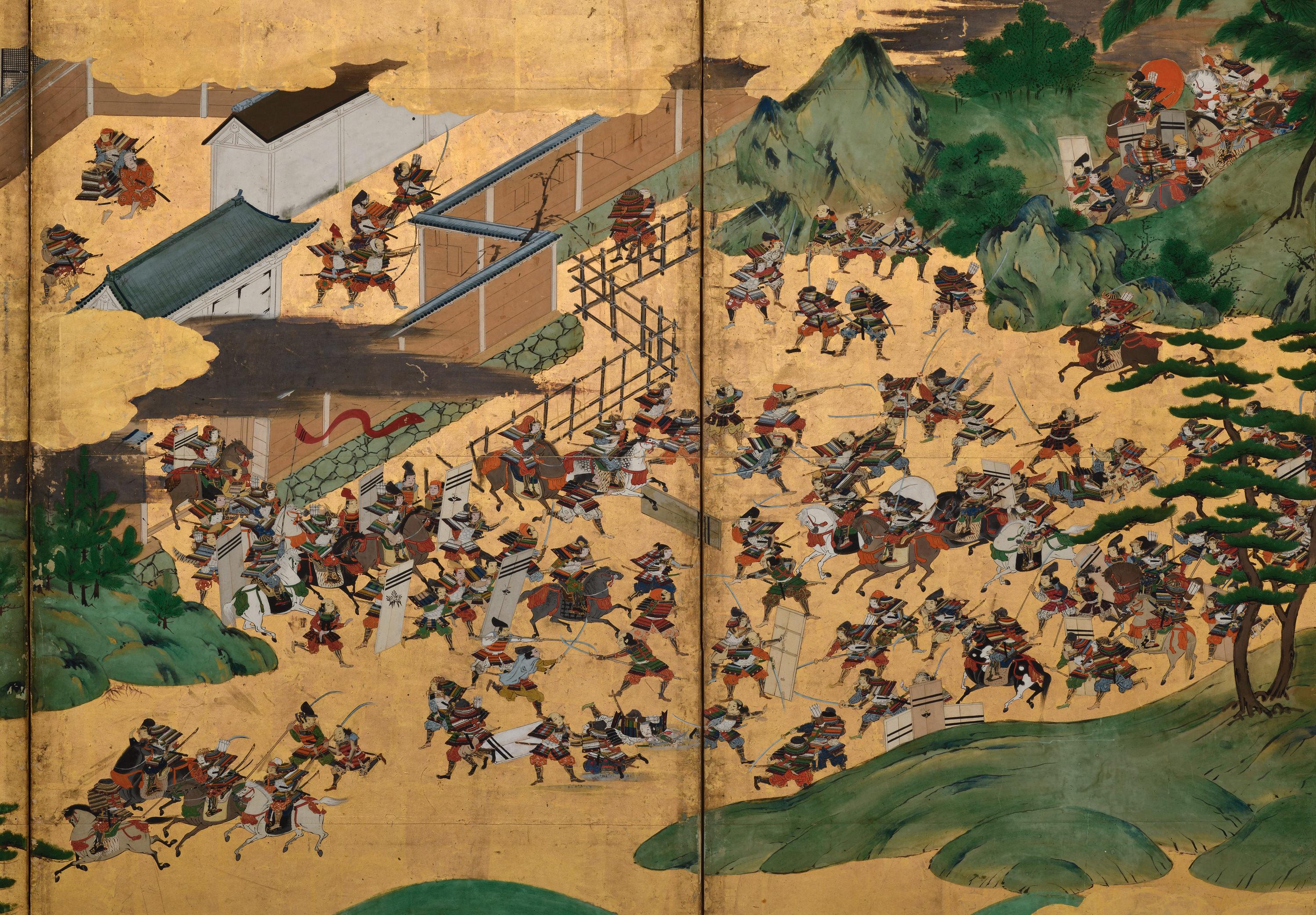Edo Late 17th Century Japanese Screen Pair. Battle of Ichi-no-tani and Yashima. For Sale