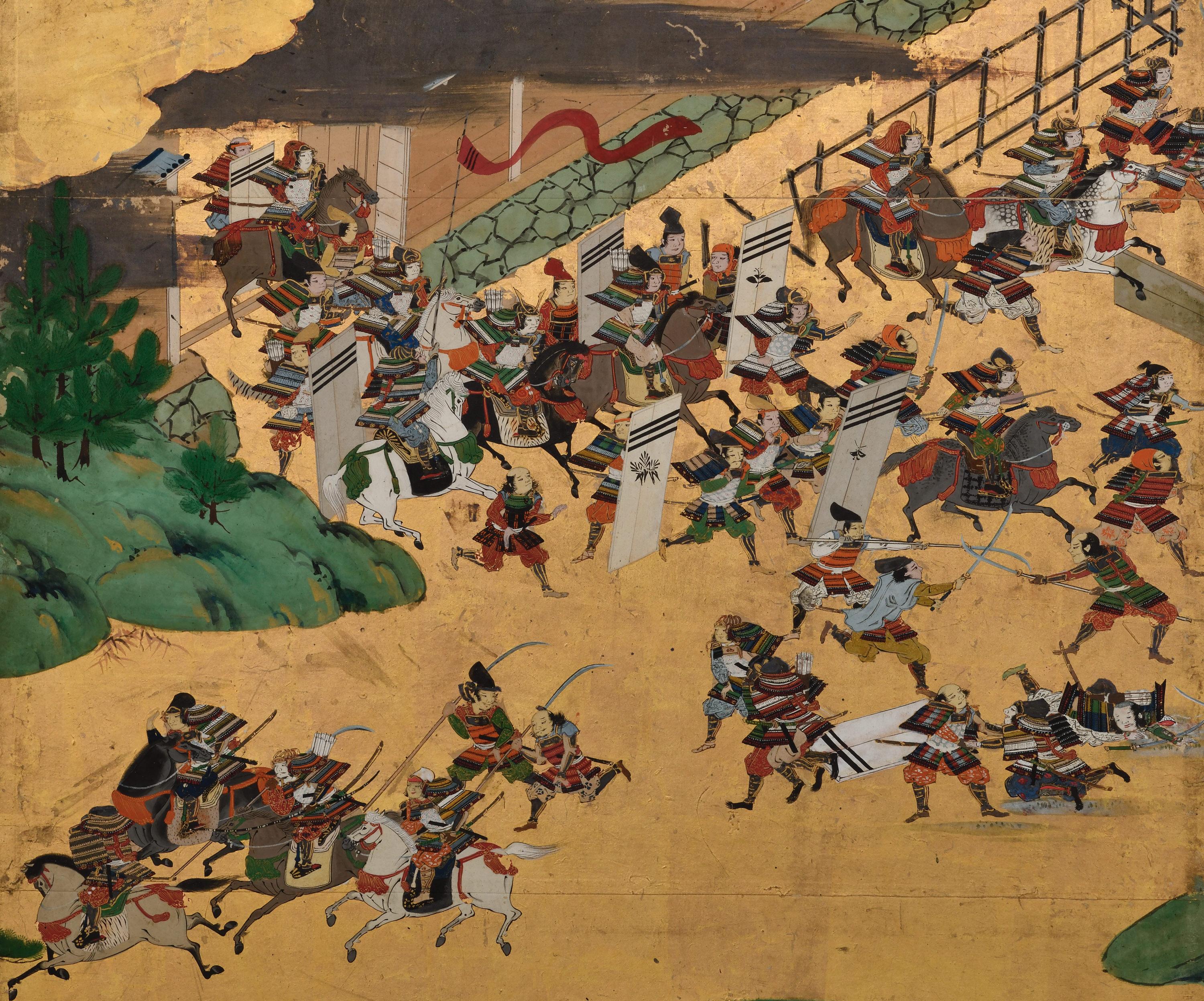 Hand-Painted Late 17th Century Japanese Screen Pair. Battle of Ichi-no-tani and Yashima. For Sale