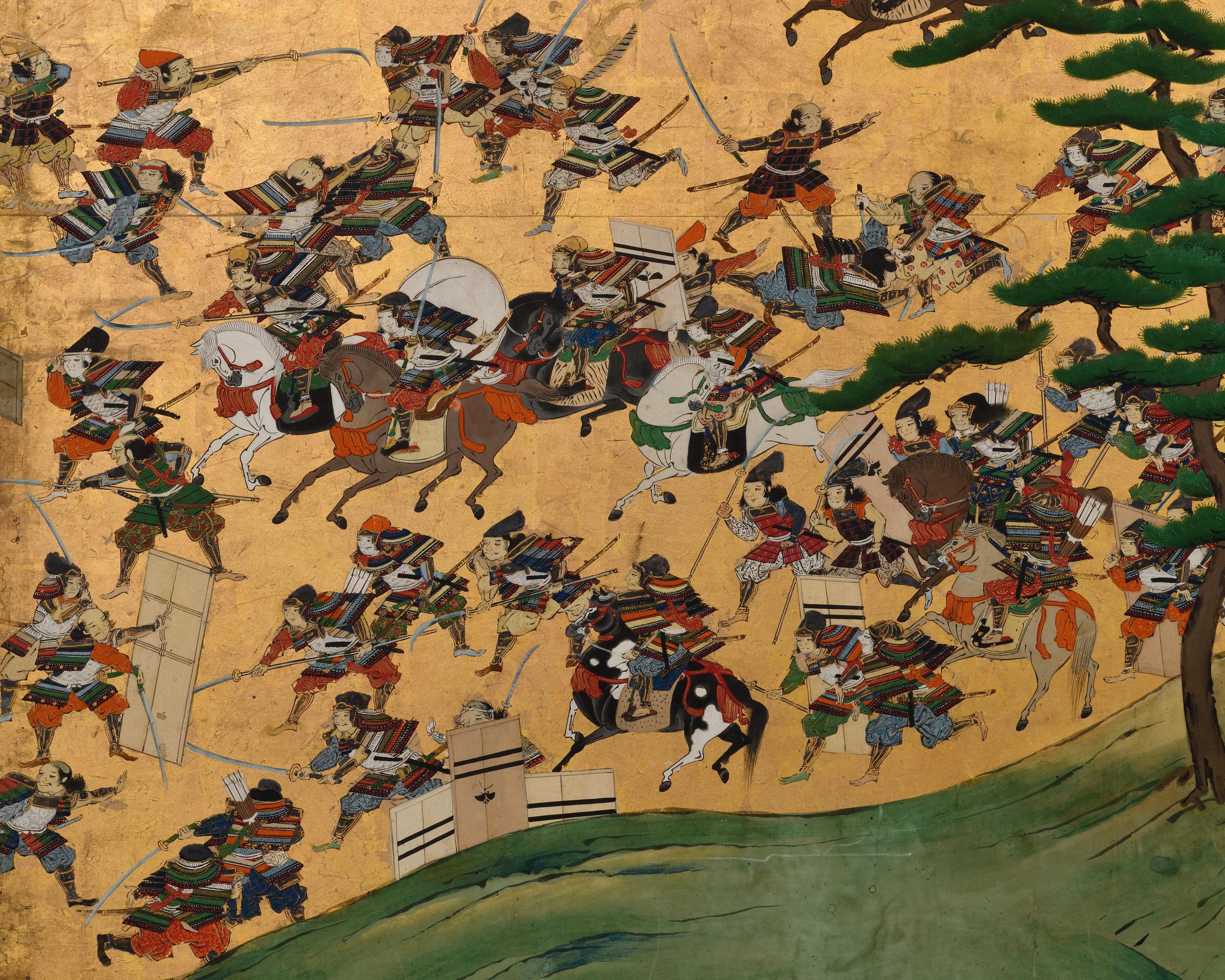 Late 17th Century Japanese Screen Pair. Battle of Ichi-no-tani and Yashima. In Good Condition For Sale In Kyoto, JP