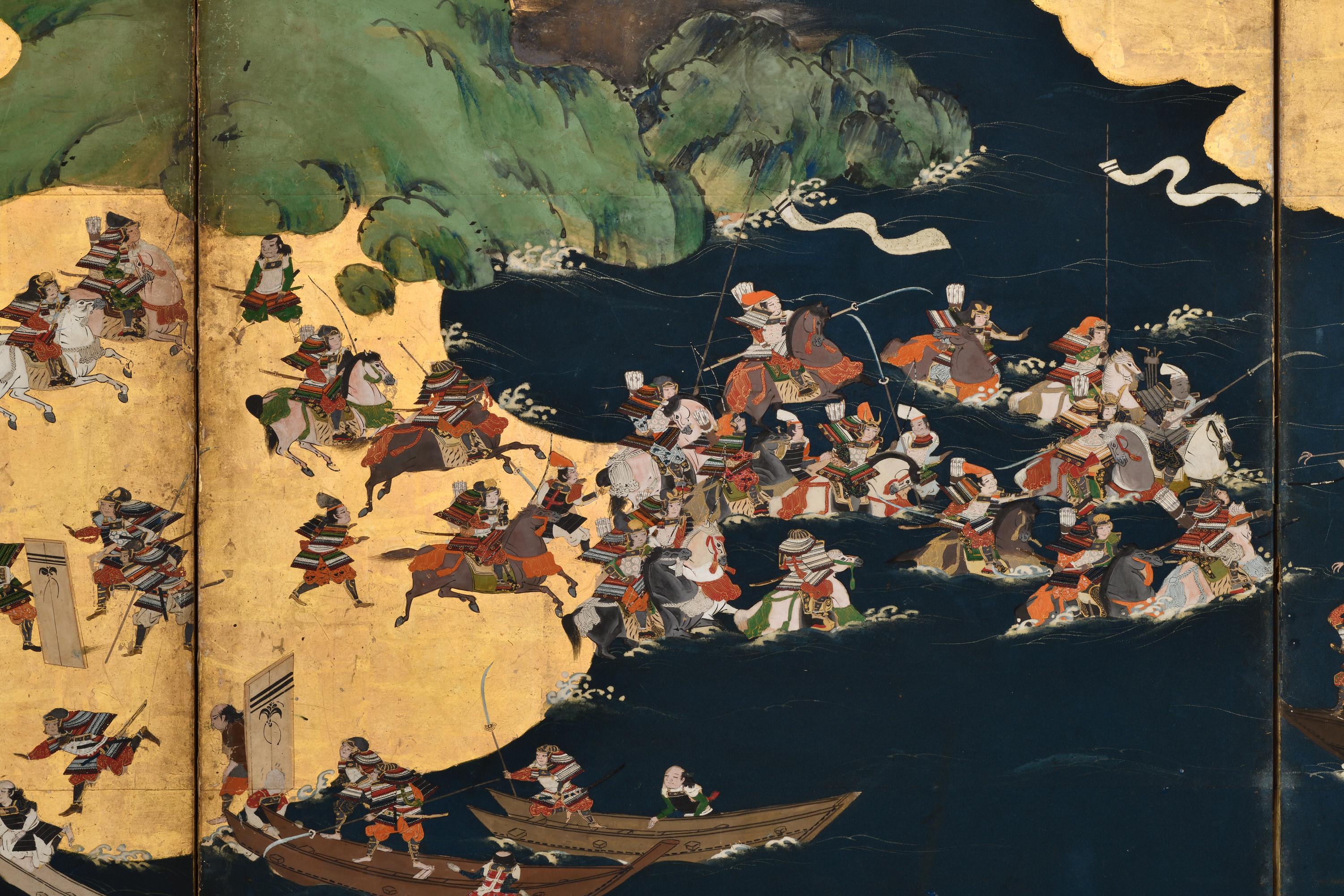 Gold Leaf Late 17th Century Japanese Screen Pair. Battle of Ichi-no-tani and Yashima. For Sale