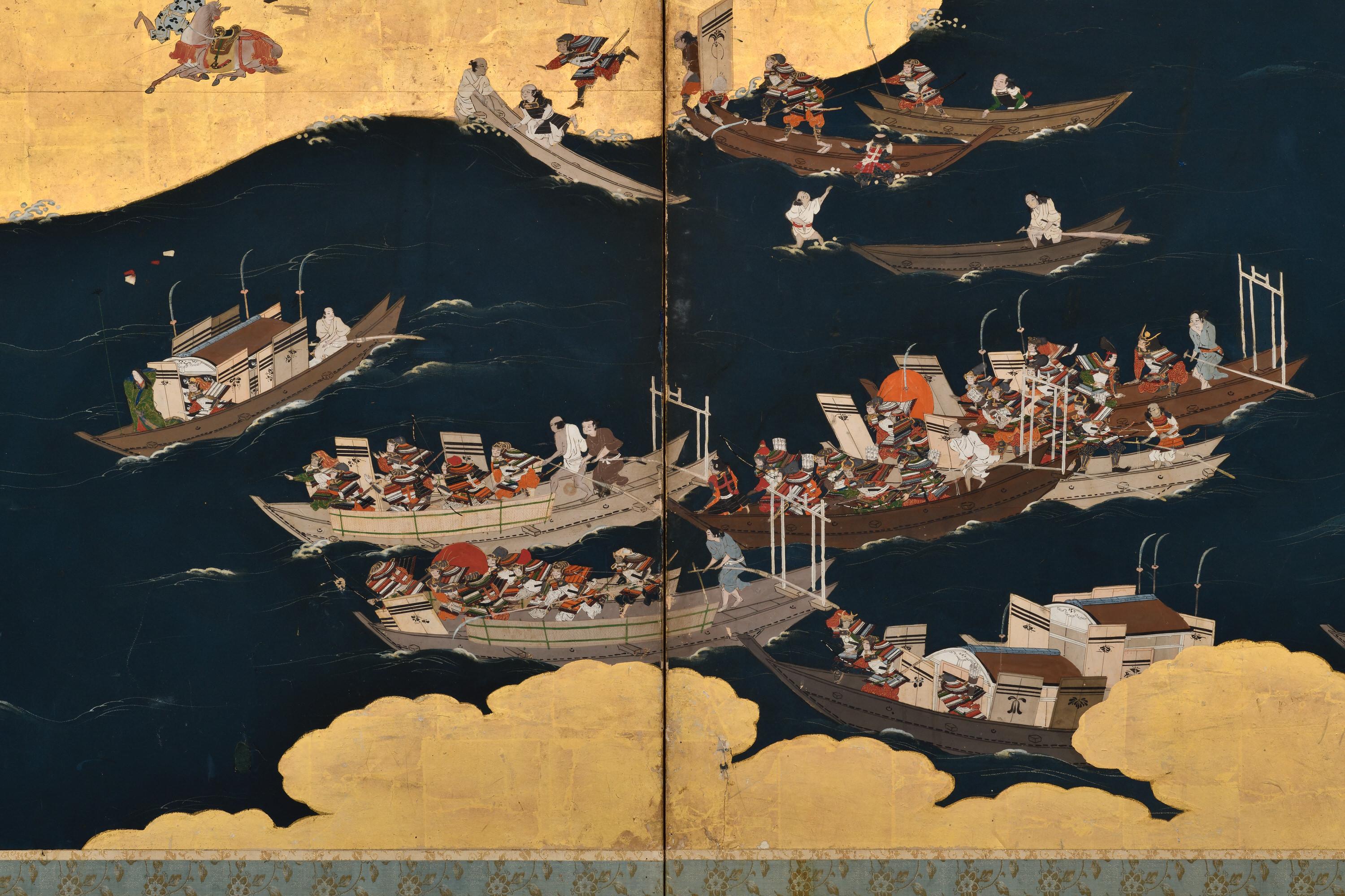 Late 17th Century Japanese Screen Pair. Battle of Ichi-no-tani and Yashima. For Sale 1