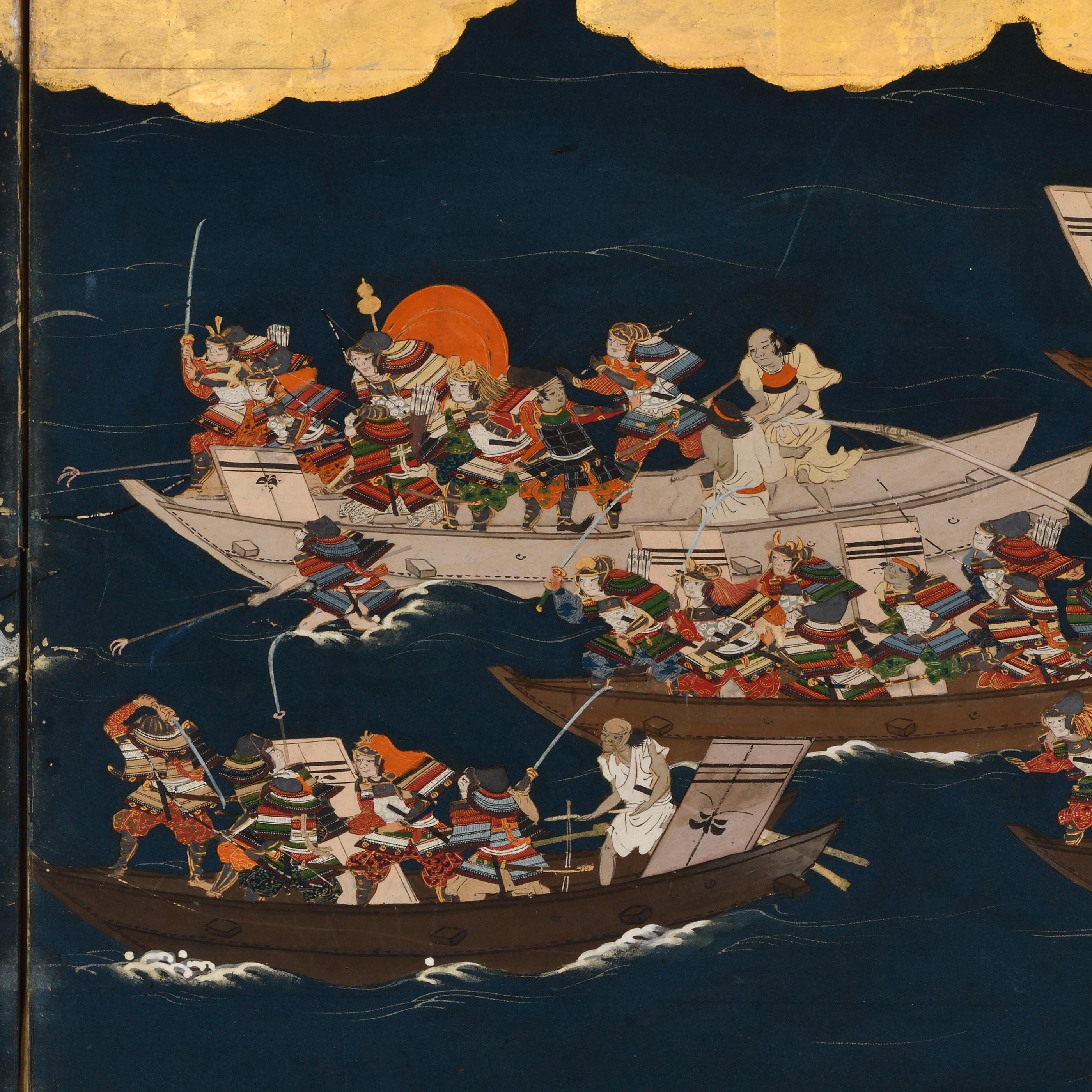 Late 17th Century Japanese Screen Pair. Battle of Ichi-no-tani and Yashima. For Sale 2