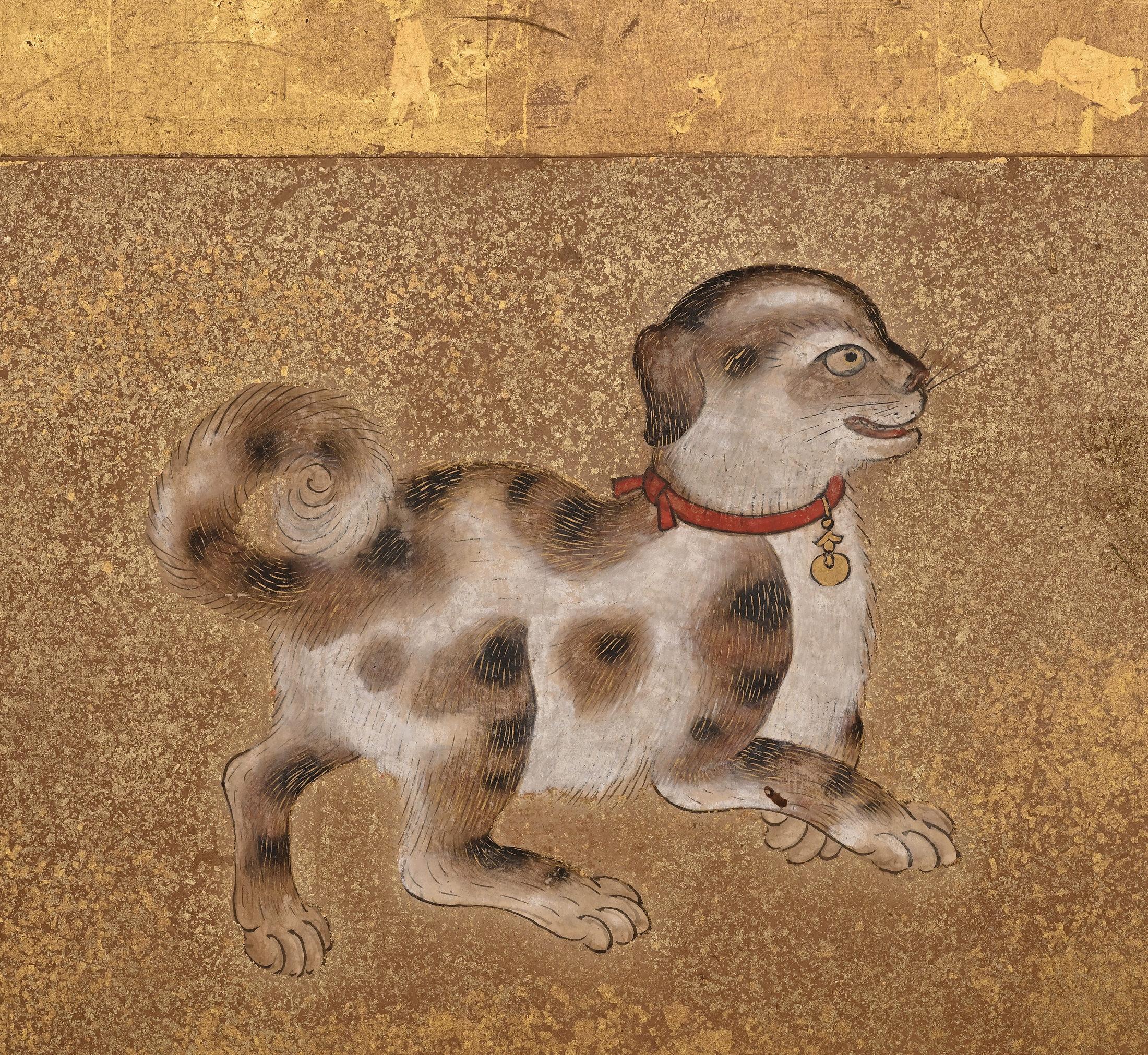 Japanischer Raumteiler des späten 17. Jahrhunderts. Puppy und Kittens auf Blattgold.  im Zustand „Gut“ im Angebot in Kyoto, JP