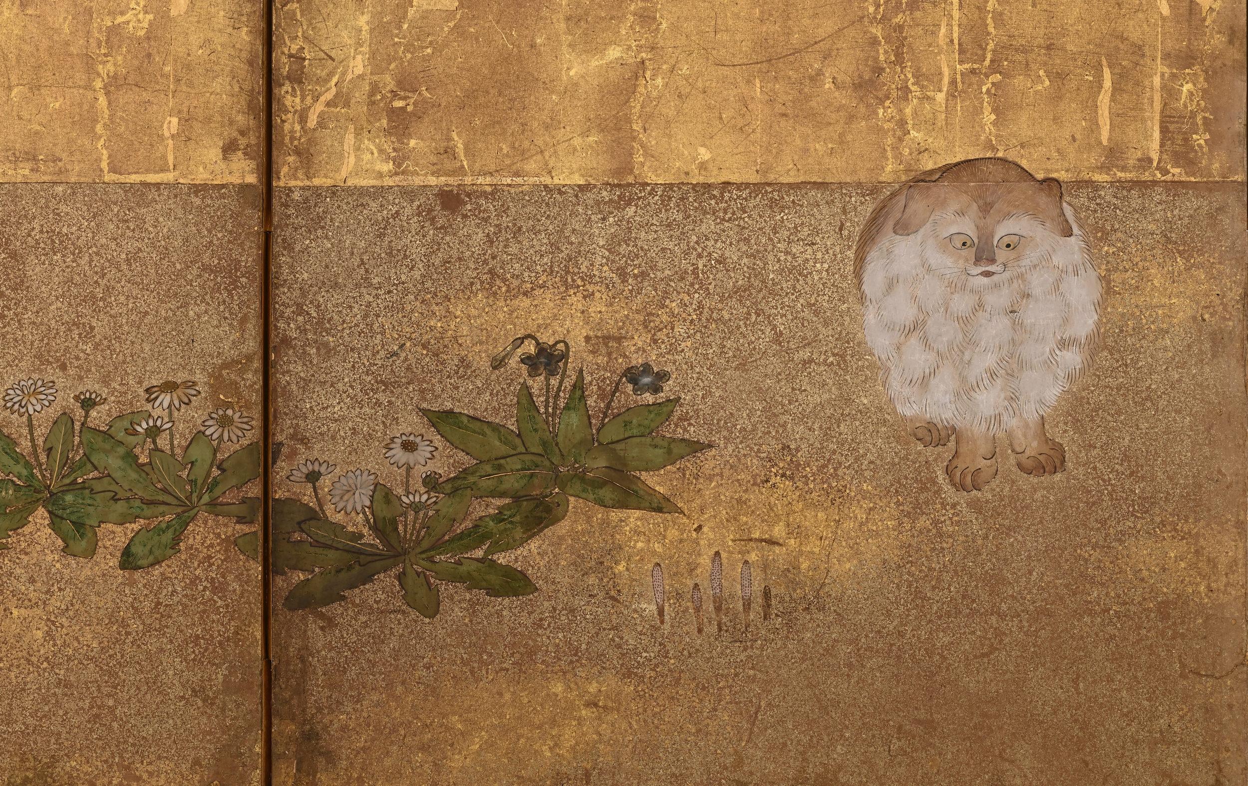 Late 17th Century Japanese Screen. Puppy and Kittens on Gold Leaf.  For Sale 1