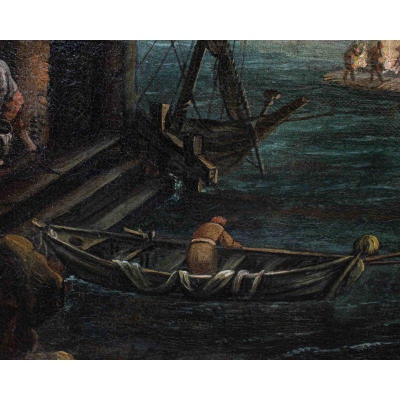 Peinture à l'huile sur toile - Paysage de la fin du XVIIe siècle avec navire à voile à l'ancre en vente 4