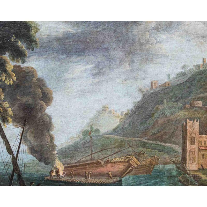 Peinture à l'huile sur toile - Paysage de la fin du XVIIe siècle avec navire à voile à l'ancre en vente 7