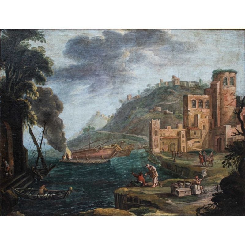 Painter active in Rome (late 17th century)
Coastal landscape and ships under repair
Oil on canvas, 113 x 143 cm
With frame 125 x 159

This fantasy coastal view can be attributed to a foreign painter active in Italy between the 17th and 18th