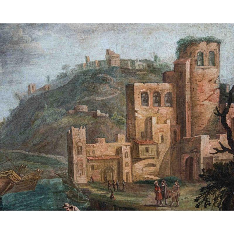 italien Peinture à l'huile sur toile - Paysage de la fin du XVIIe siècle avec navire à voile à l'ancre en vente