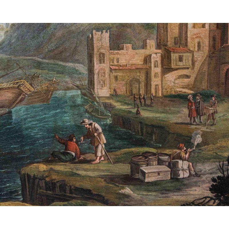 Huilé Peinture à l'huile sur toile - Paysage de la fin du XVIIe siècle avec navire à voile à l'ancre en vente