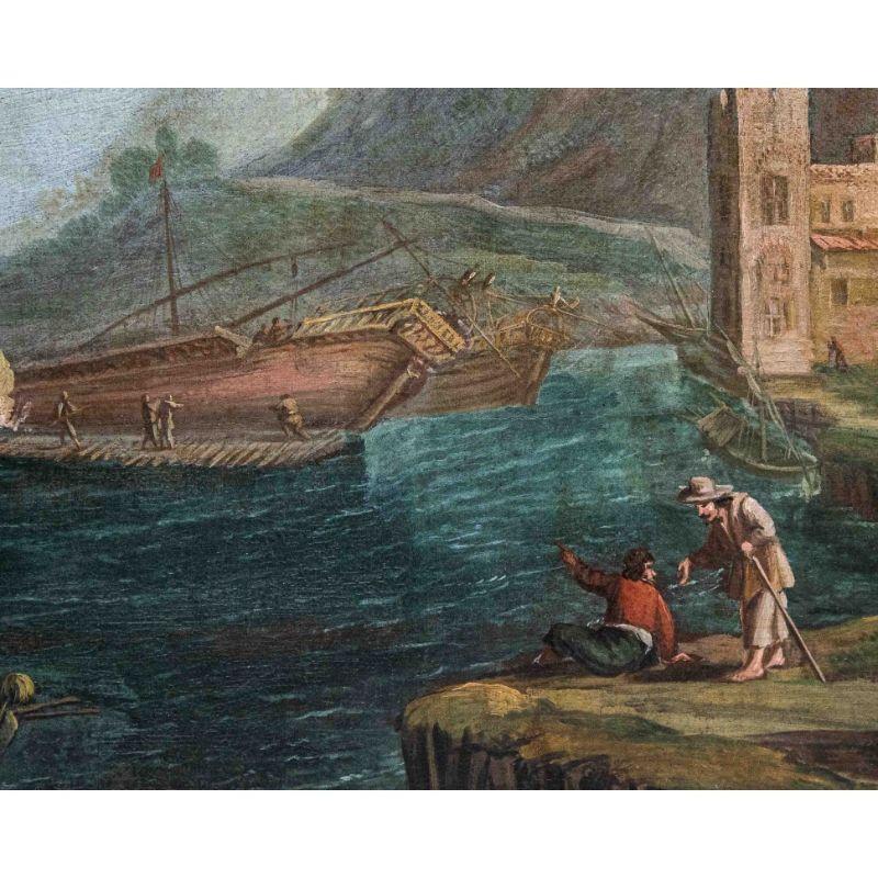 Peinture à l'huile sur toile - Paysage de la fin du XVIIe siècle avec navire à voile à l'ancre Bon état - En vente à Milan, IT