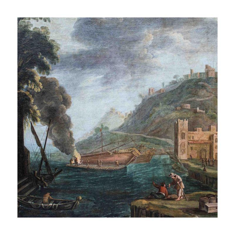 Oiled Late 17th Century Landscape with Sailing Ship at Anchor Painting Oil on Canvas For Sale