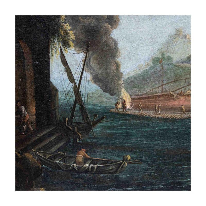 Peinture à l'huile sur toile - Paysage de la fin du XVIIe siècle avec navire à voile à l'ancre en vente 1