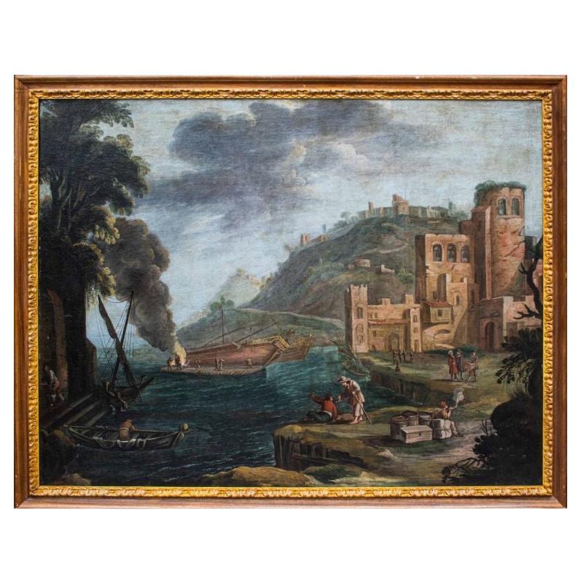 Late 17th Century Landscape with Sailing Ship at Anchor Painting Oil on Canvas