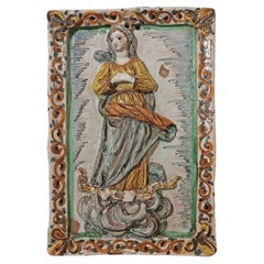 LATE 17th CENTURY MONTELUPO MAJOLICA PLAQUE WITH VIRGIN