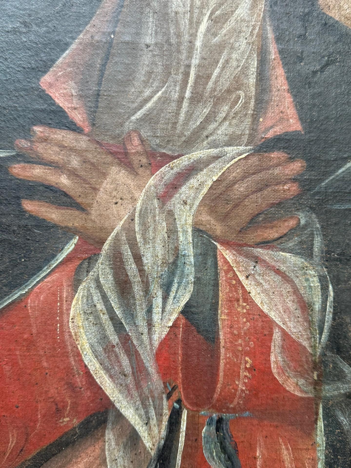 This 17th-century oil on canvas from Spanish Colonial Peru features a striking depiction of Our Lady of Sorrows. The Virgin is shown with a somber expression, her hands gently crossed in a gesture of sorrow and contemplation. The detailed