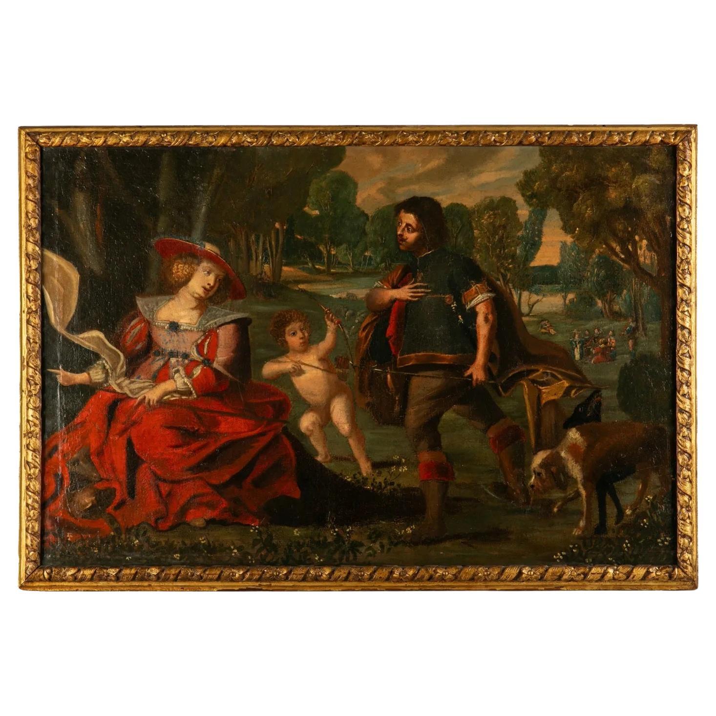 Late 17th Century  Painting Follower of Johann Hulsman  "Gallant Scene"   For Sale