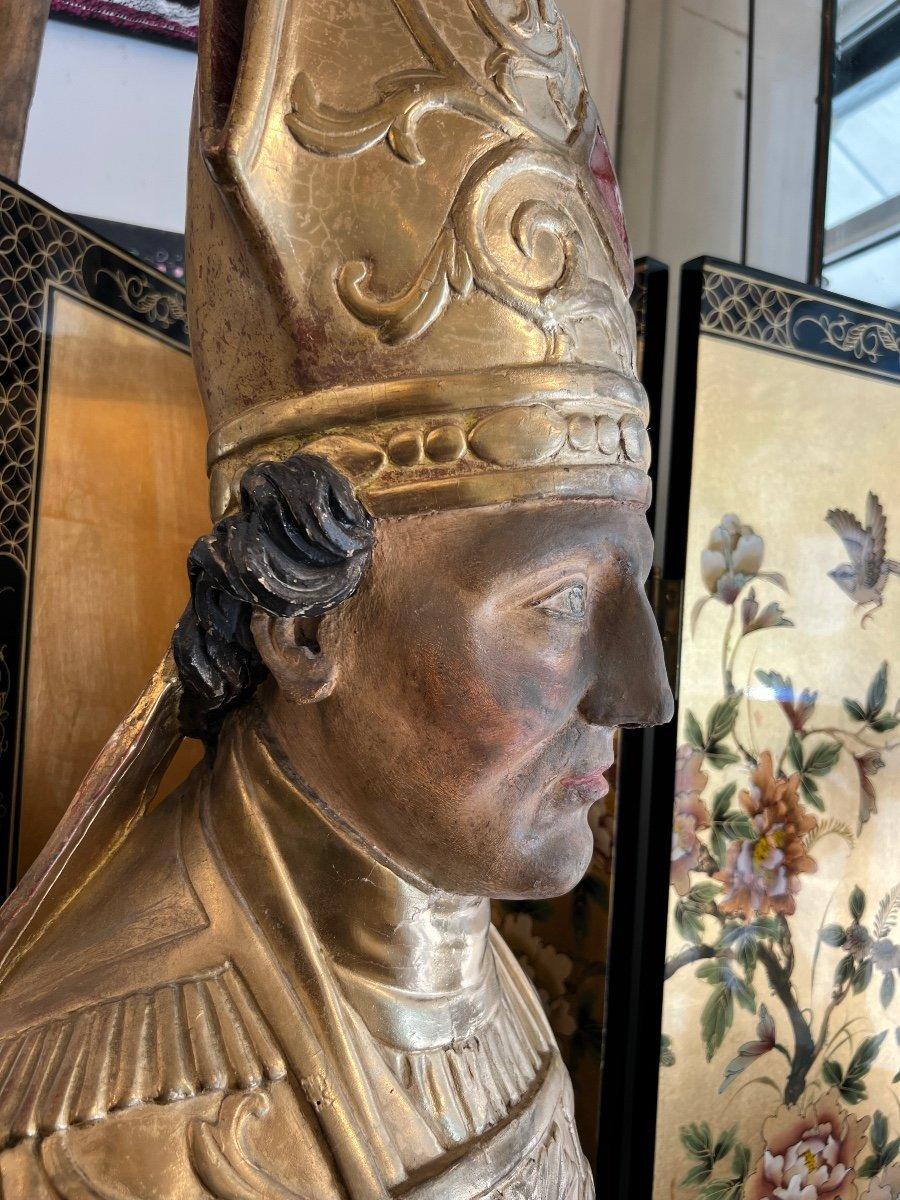 Reliquary-Büste eines Bischofs aus vergoldetem Holz aus dem späten 17. Jahrhundert im Zustand „Gut“ im Angebot in NICE, FR