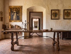 Late 17th-Century Spanish Baroque Chestnut Trestle Table with Wrought Iron Stret