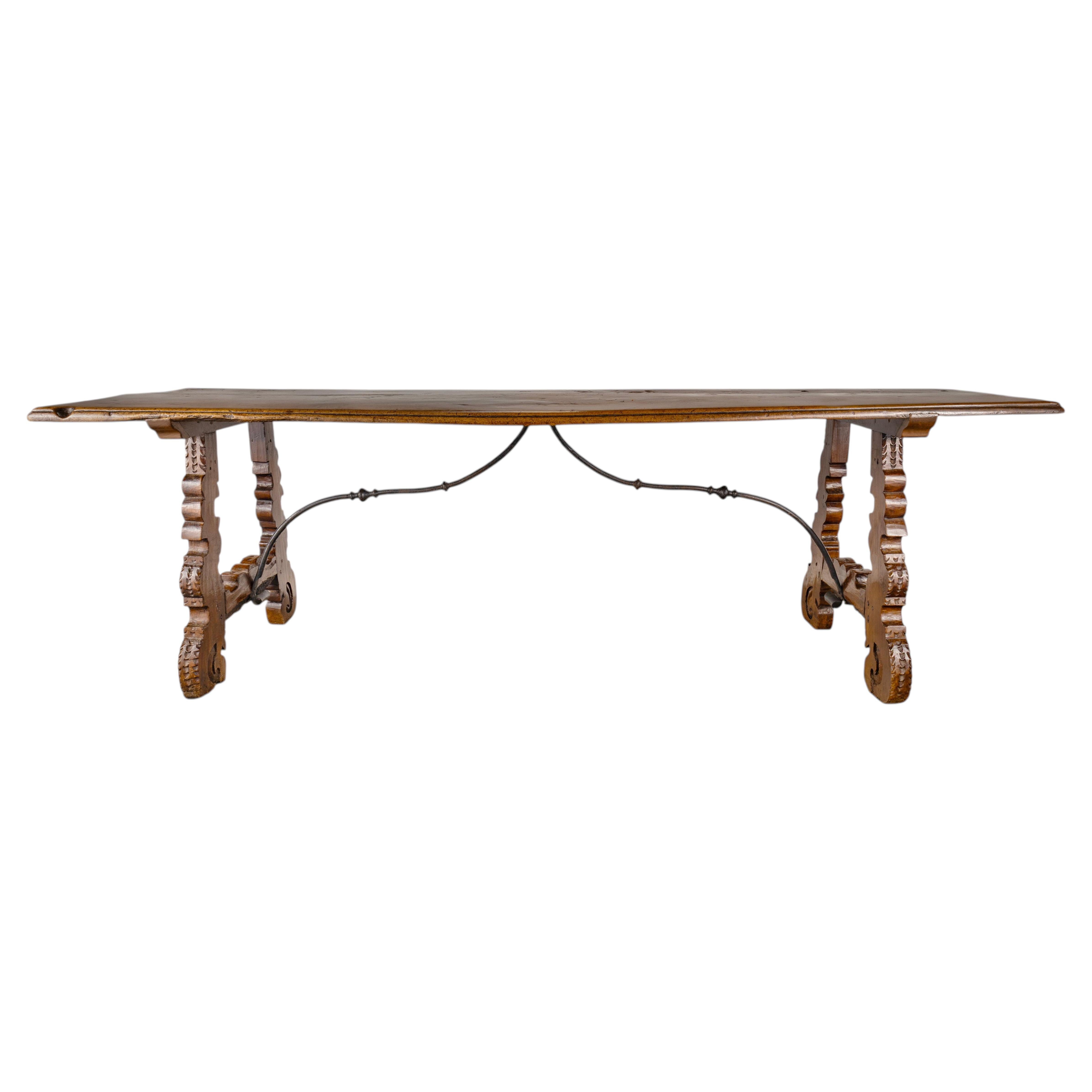 Late 17th-Century Spanish Baroque Chestnut Trestle Table with Wrought Iron Stret