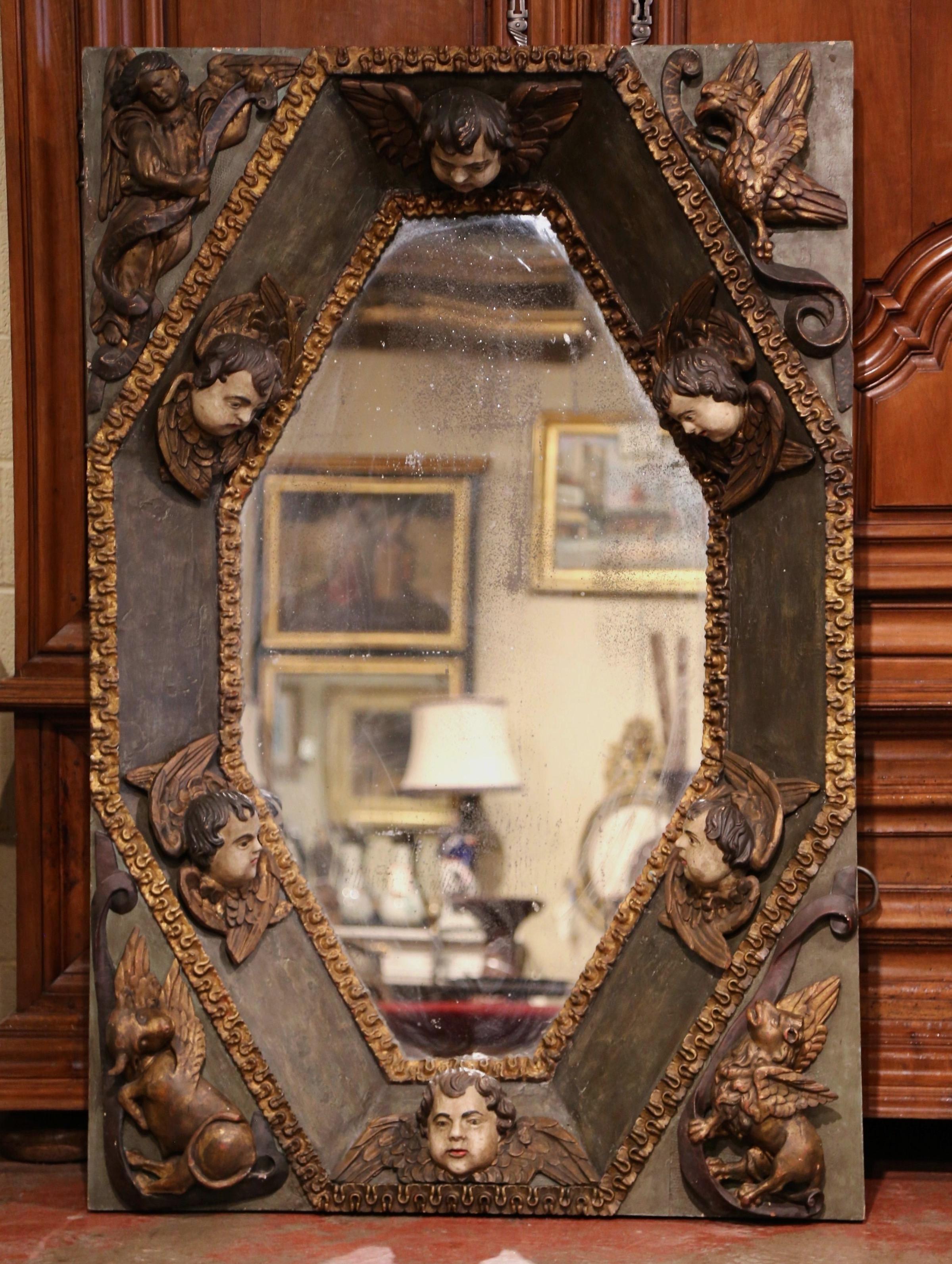 Patinated Late 17th Century Spanish Carved Painted and Polychrome Ceiling Mirror For Sale