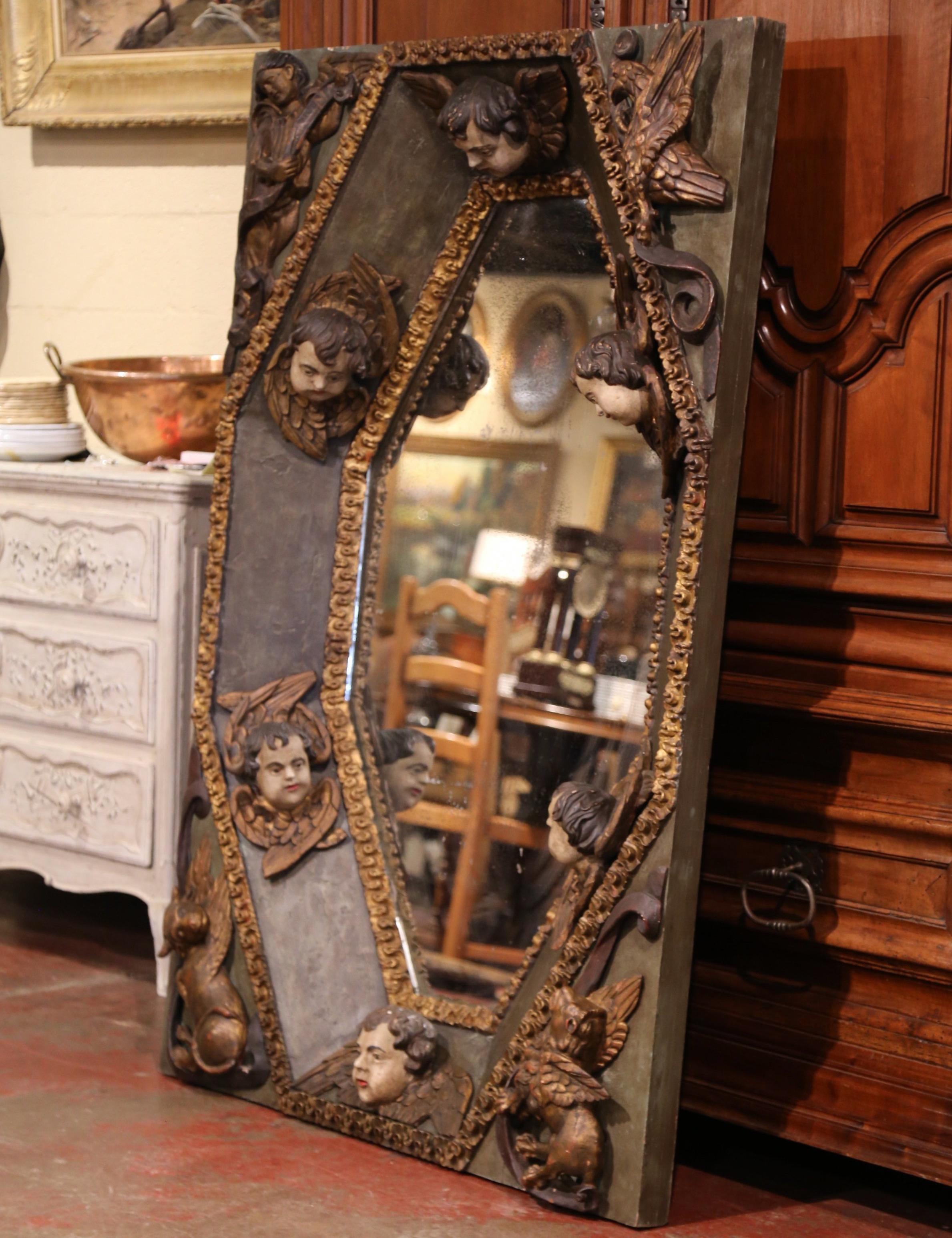 Late 17th Century Spanish Carved Painted and Polychrome Ceiling Mirror In Excellent Condition For Sale In Dallas, TX