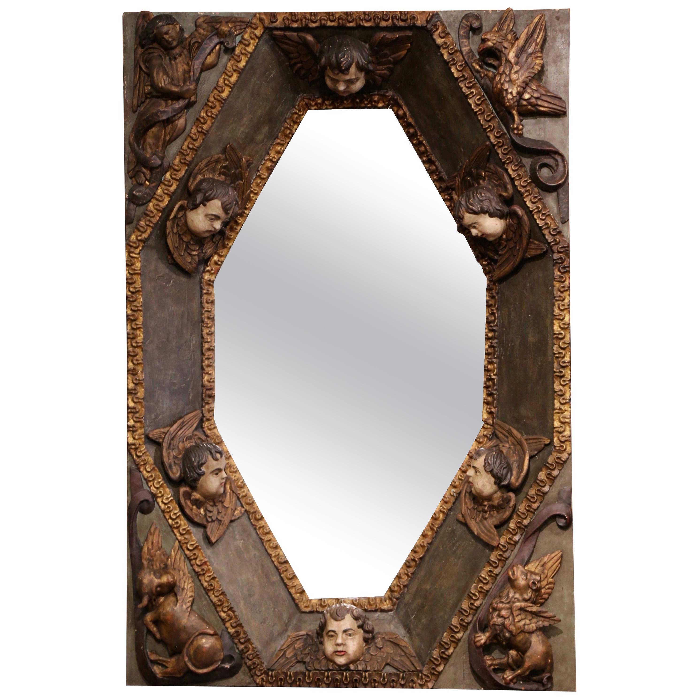 Late 17th Century Spanish Carved Painted and Polychrome Ceiling Mirror For Sale