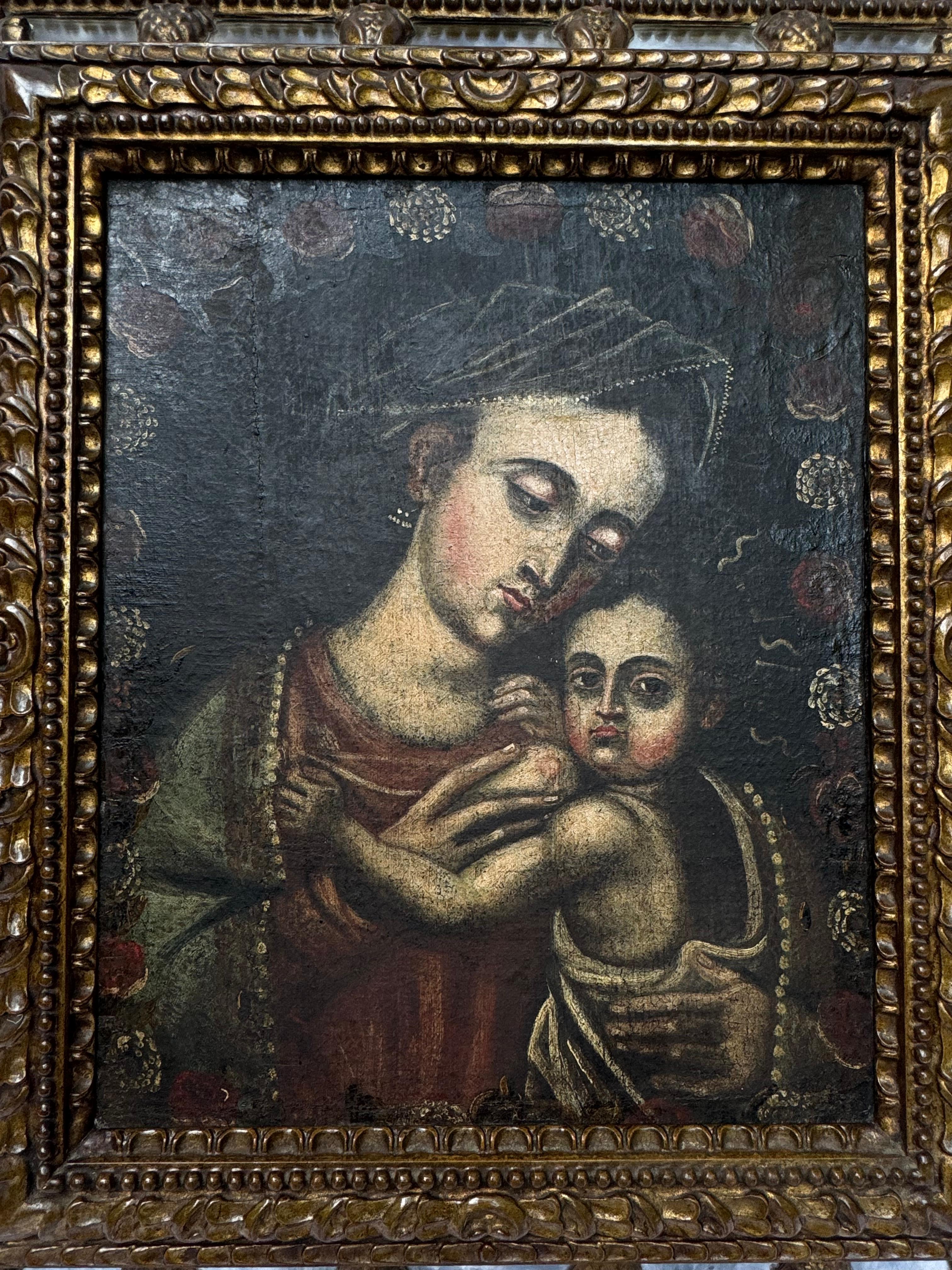 Questo olio su tela della fine del XVII secolo, proveniente dal Perù e raffigurante la Vergine Maria e il bambino Gesù, è un esempio straordinario di arte coloniale spagnola. L'opera riflette la profonda religiosità e l'attenzione devozionale