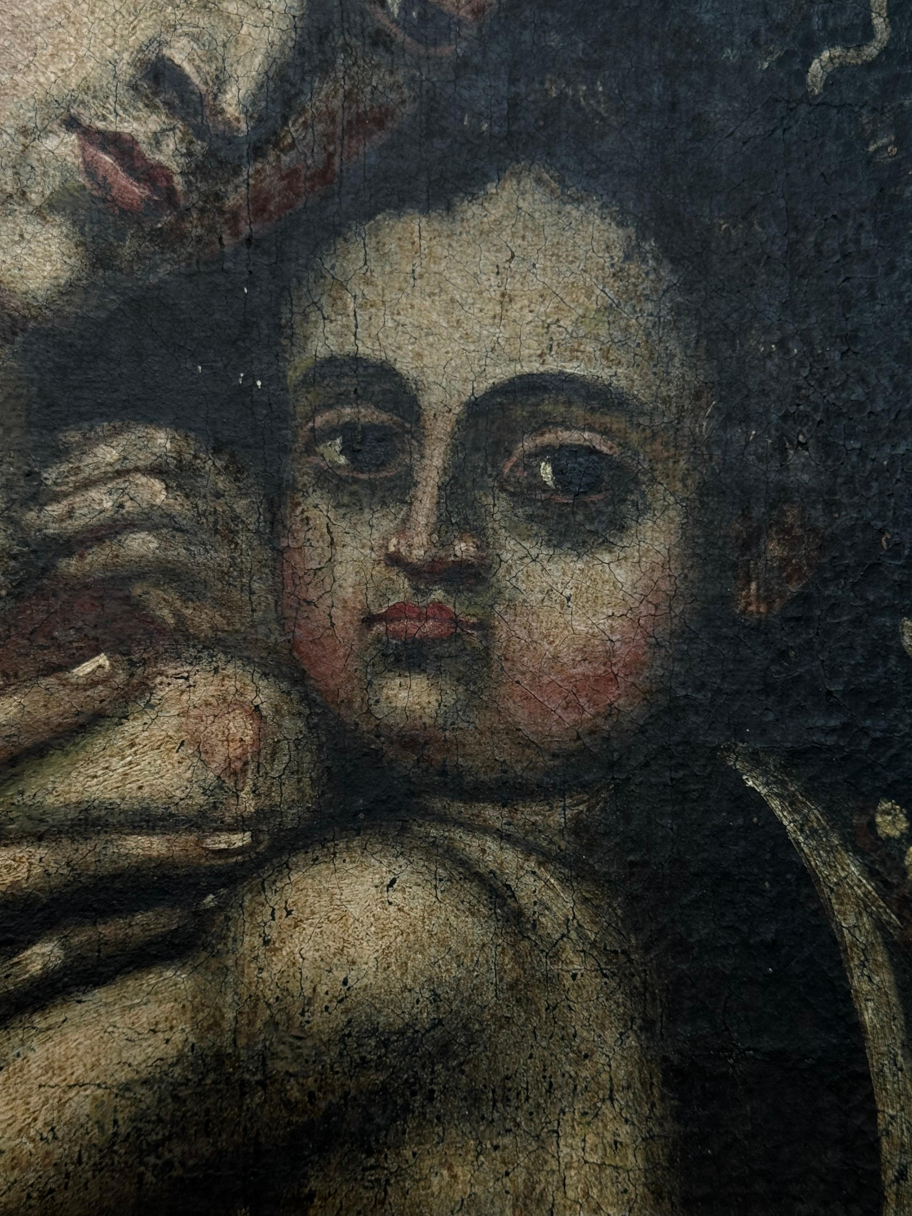 Dipinto a mano Nostra Signora e il Bambino Gesù di epoca coloniale spagnola della fine del XVII secolo in vendita